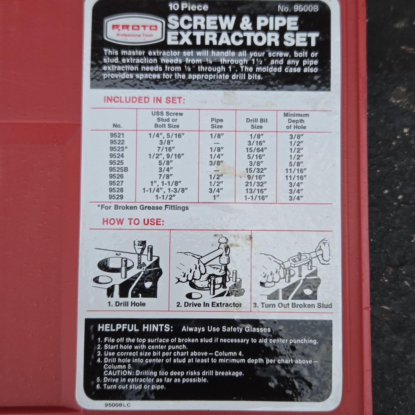 Proto Screw & Pipe Extractor Set No. 9500B USA Made Incomplete