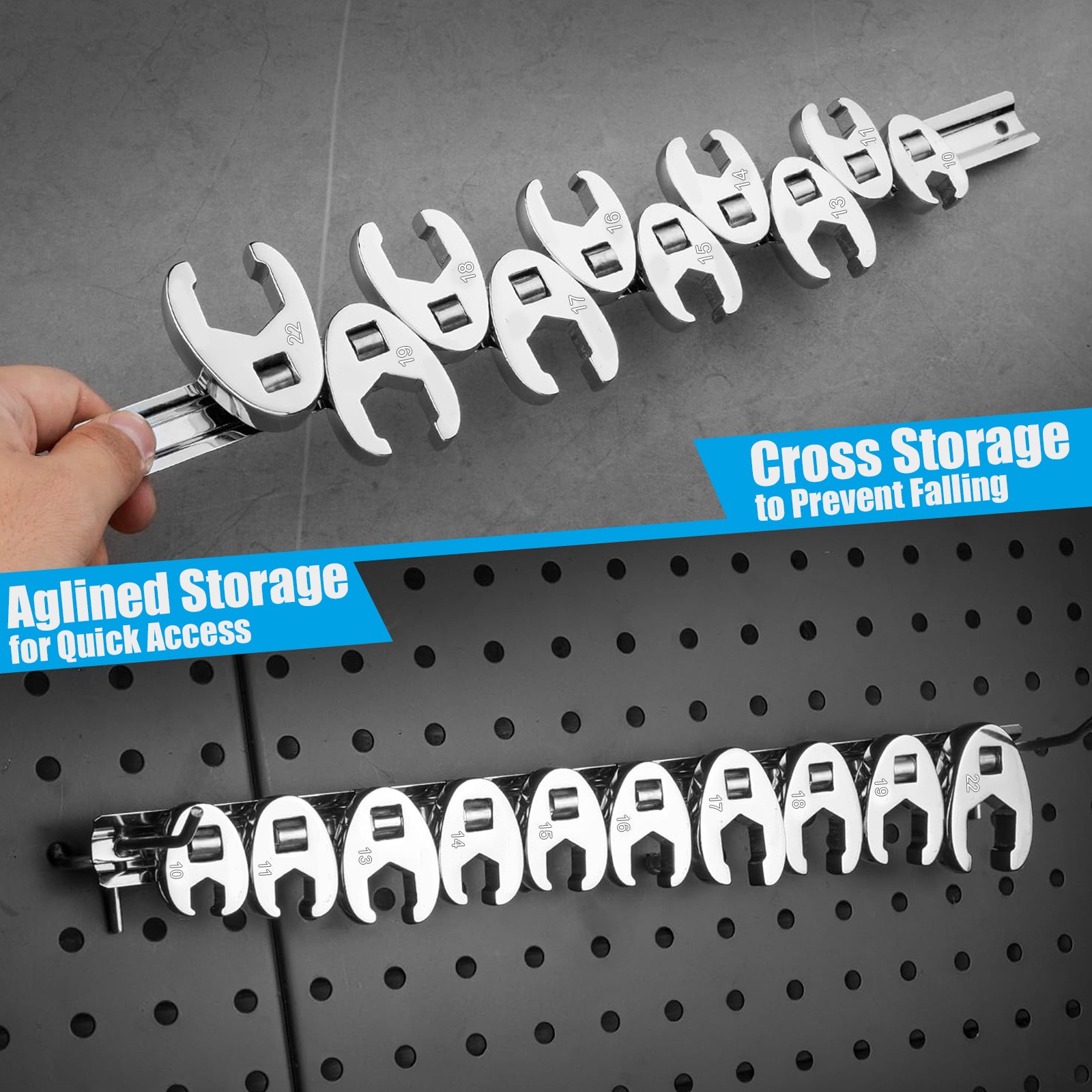10 PCS Crowfoot Wrench Set 3/8″ Drive Interchangeable Heads w/ Clip-On Organizer