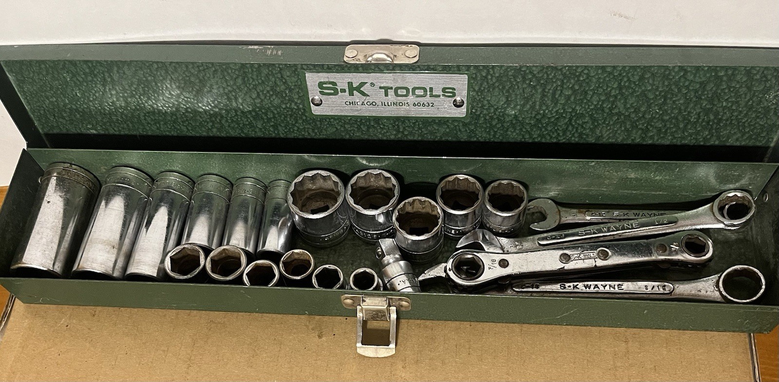 Misc – SK Tools – Green Socket Set Case w/ Sockets + Wayne Wrenches USED