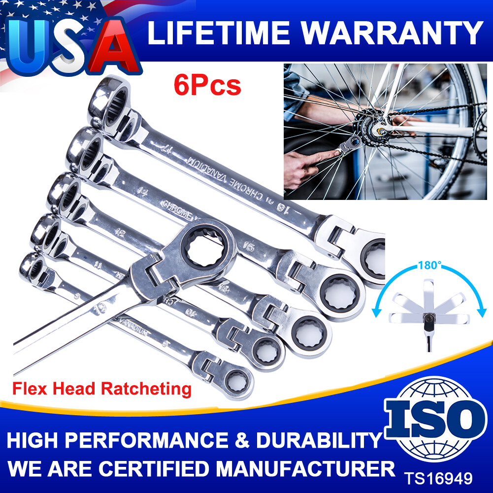 Extra Long Flex Head Ratcheting Wrench set 6PC Double Box End Metric 8-19 Pouch
