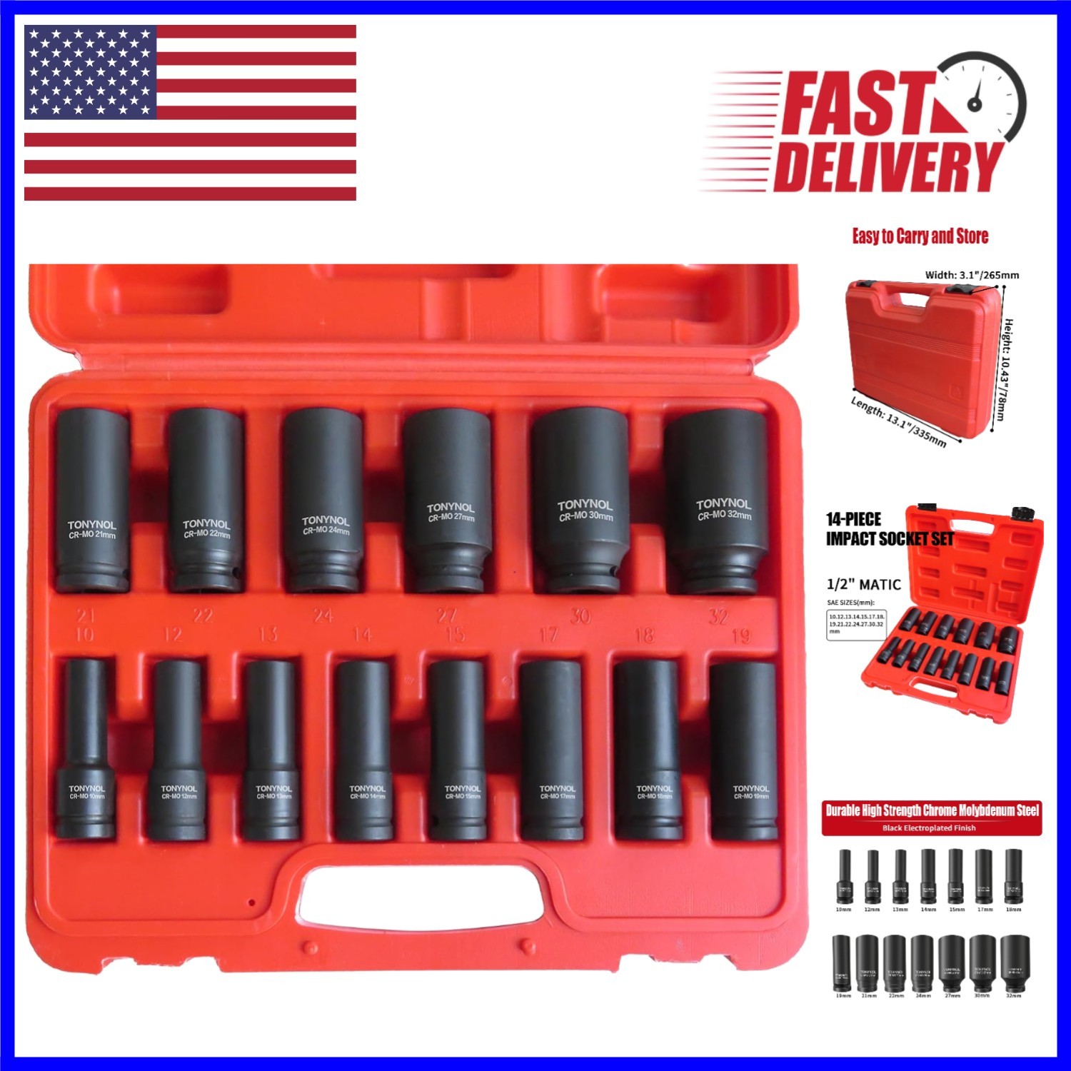 Metric 10-32mm 1/2 Inch Deep Drive Impact Socket Set – Tough Cr-Mo Construction