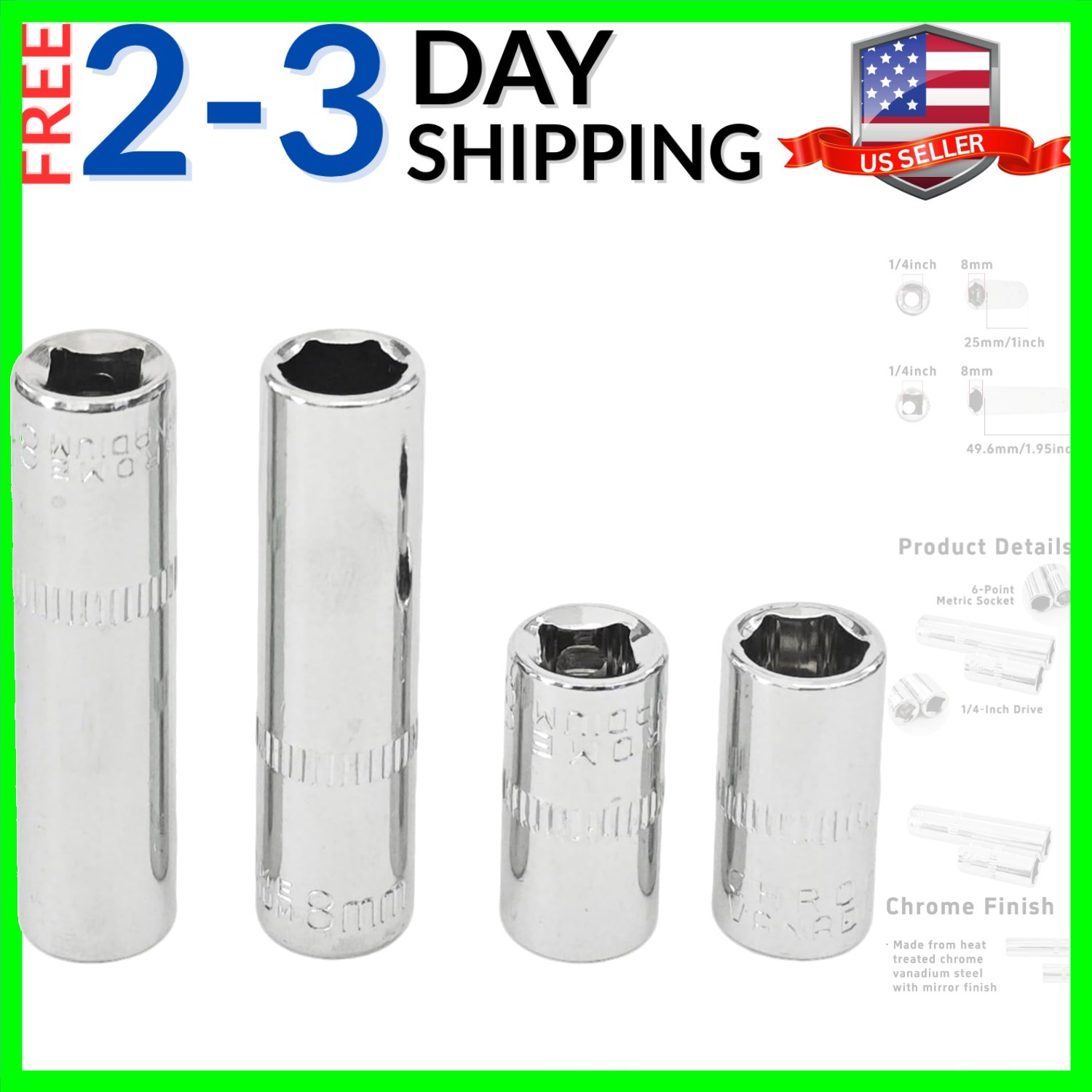 4Pcs 1/4-Inch Drive 8mm Deep and Shallow Socket Set, Cr-V Steel, 6-Point Metr…