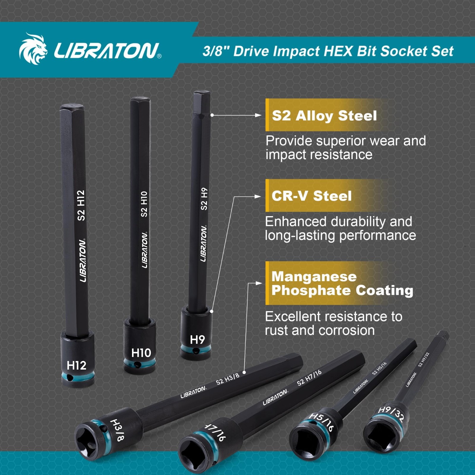 20PCS Long Impact Hex Bit Socket Set – 3/8″ Drive, S2 Steel, SAE & Metric, 6″ Le