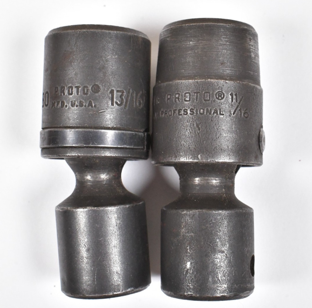 2x Vtg PROTO 1/2″ Drive Flex Sockets Hex 6-Point 11/16″ & 13/16″ Made in USA VGC