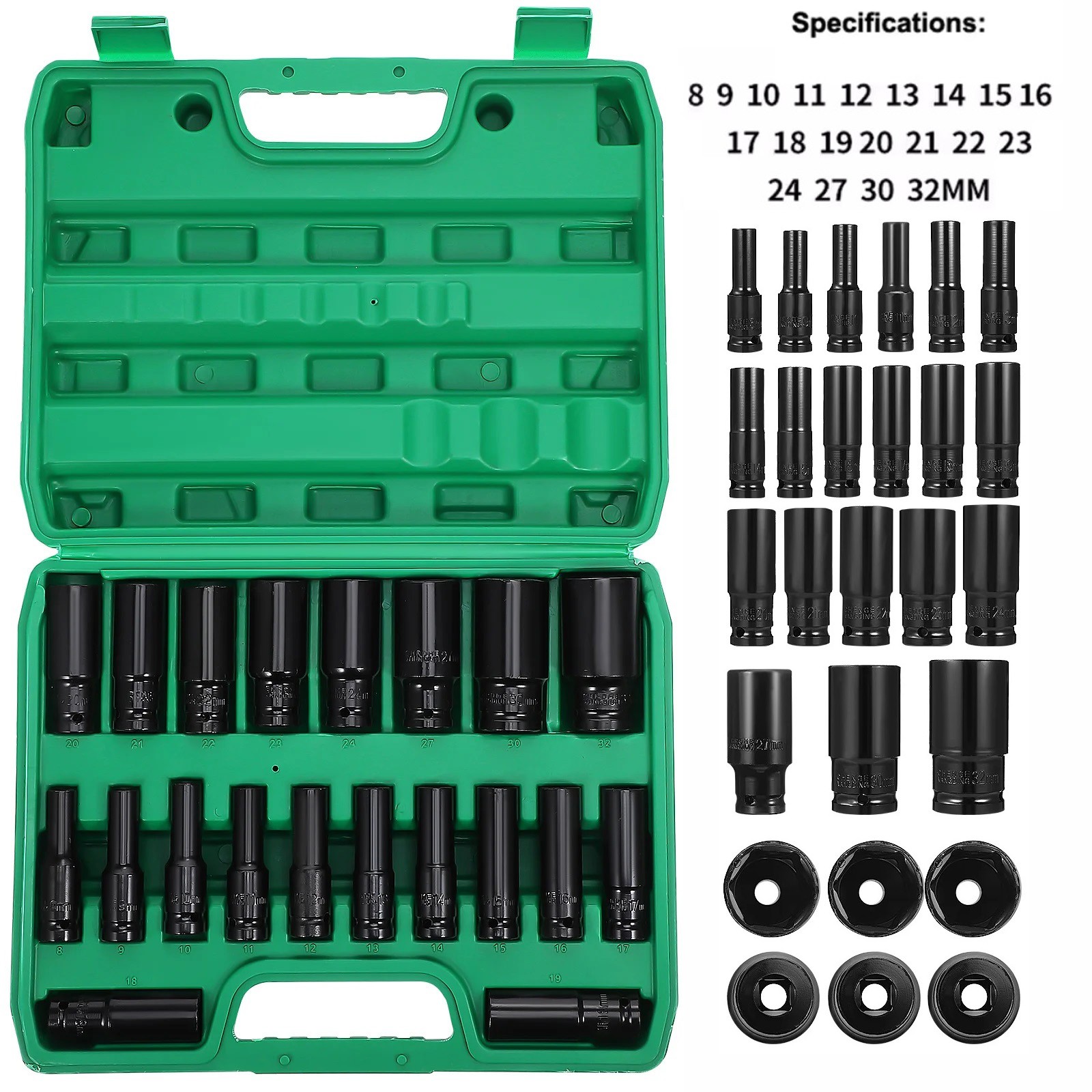 20pcs Metric Deep Impact Socket 1/2″ Drive 8mm-32mm 6 Point Sockets w/Case Set