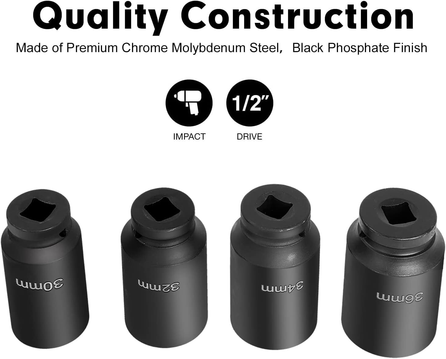 Automotive Wheel Lug Nut Remover Socket Set METRIC 30mm 32mm 34mm 36mm 12 point