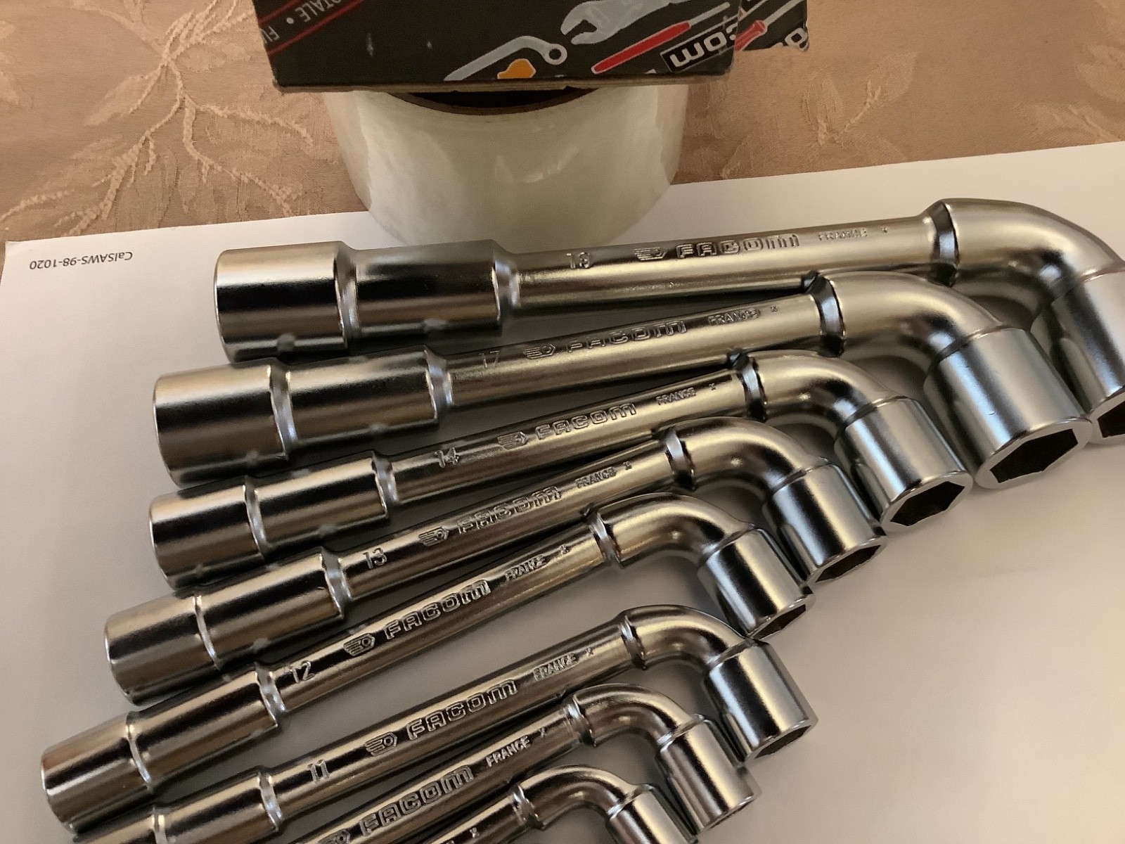 Facom 9 piece angle socket six point socket wrench with through hole