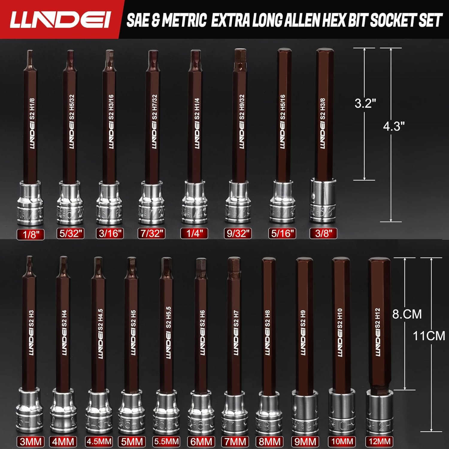 19PCS Extra Long Allen Hex Bit Socket Set 3/8″ Drive SAE & Metric w/ Case