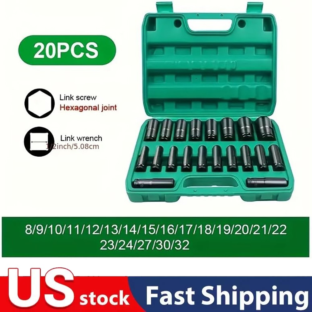 20Pcs 1/2″ Inch Deep Impact Socket Set Drive 8-32mm Metric Garage Sae With Case