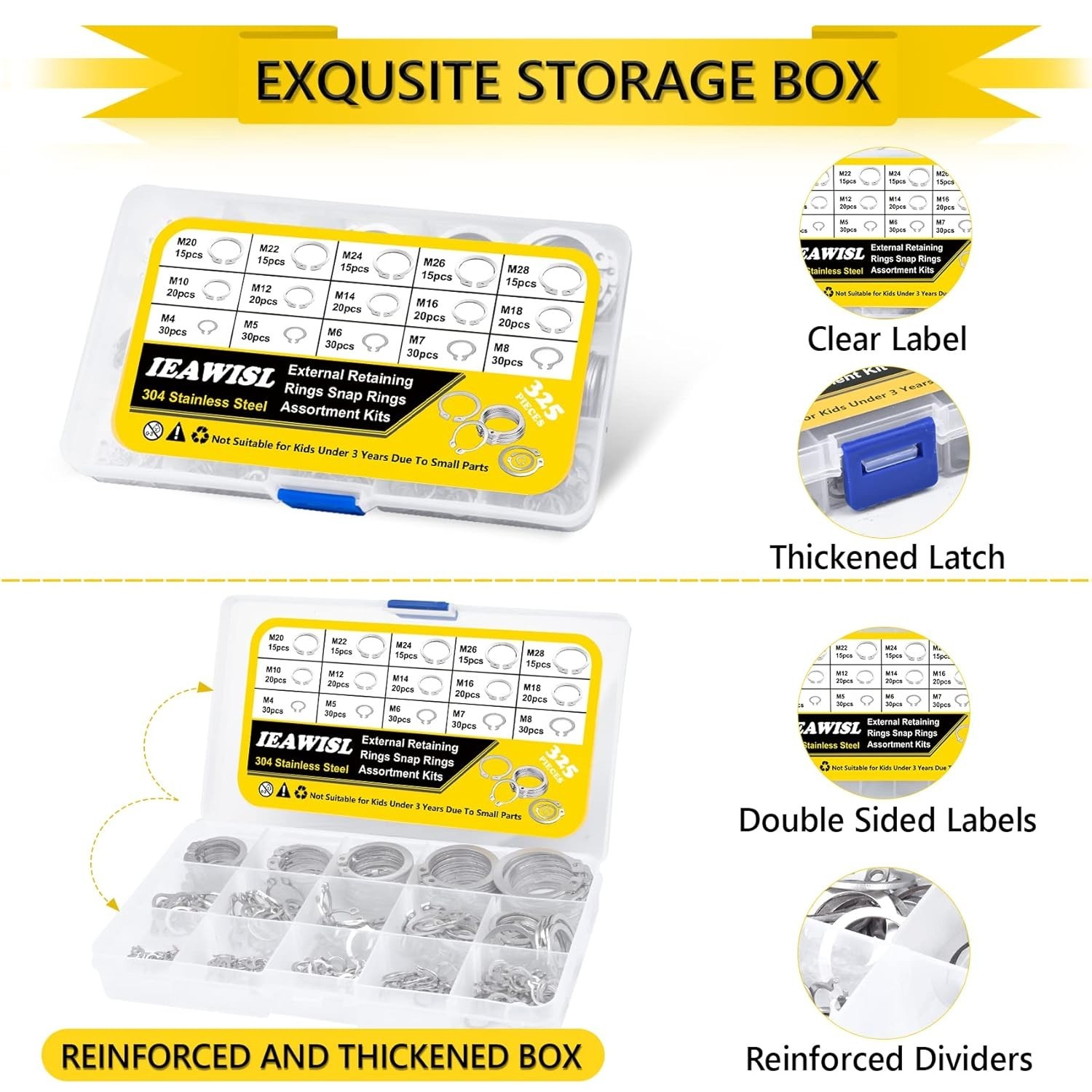 325PCS External Circlip Set – 304 Stainless Steel with Storage Box