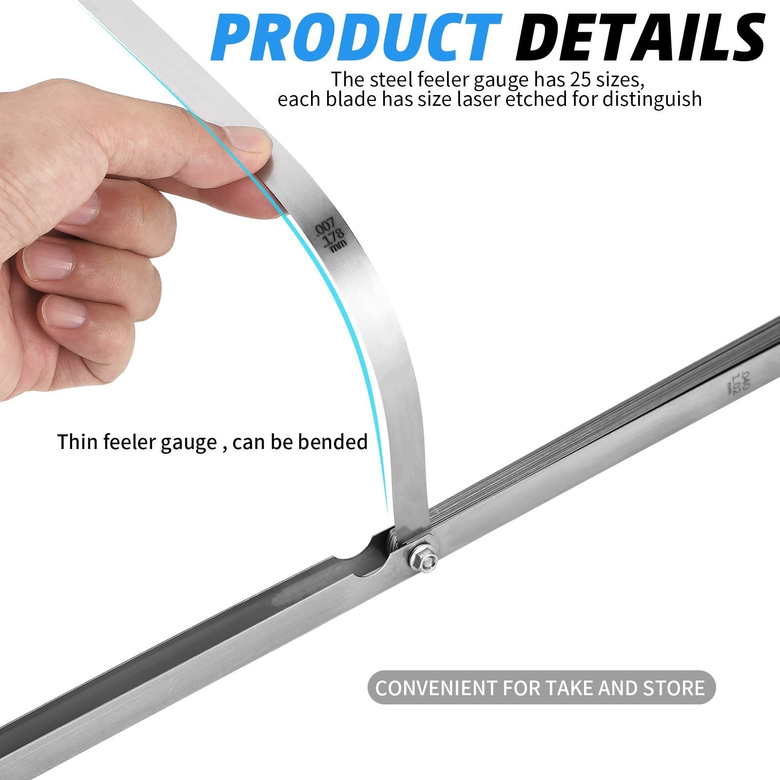 25 Blade Feeler Gauge Set 0.038-1.02mm, Stainless Steel Dual Marked Tool for Pre
