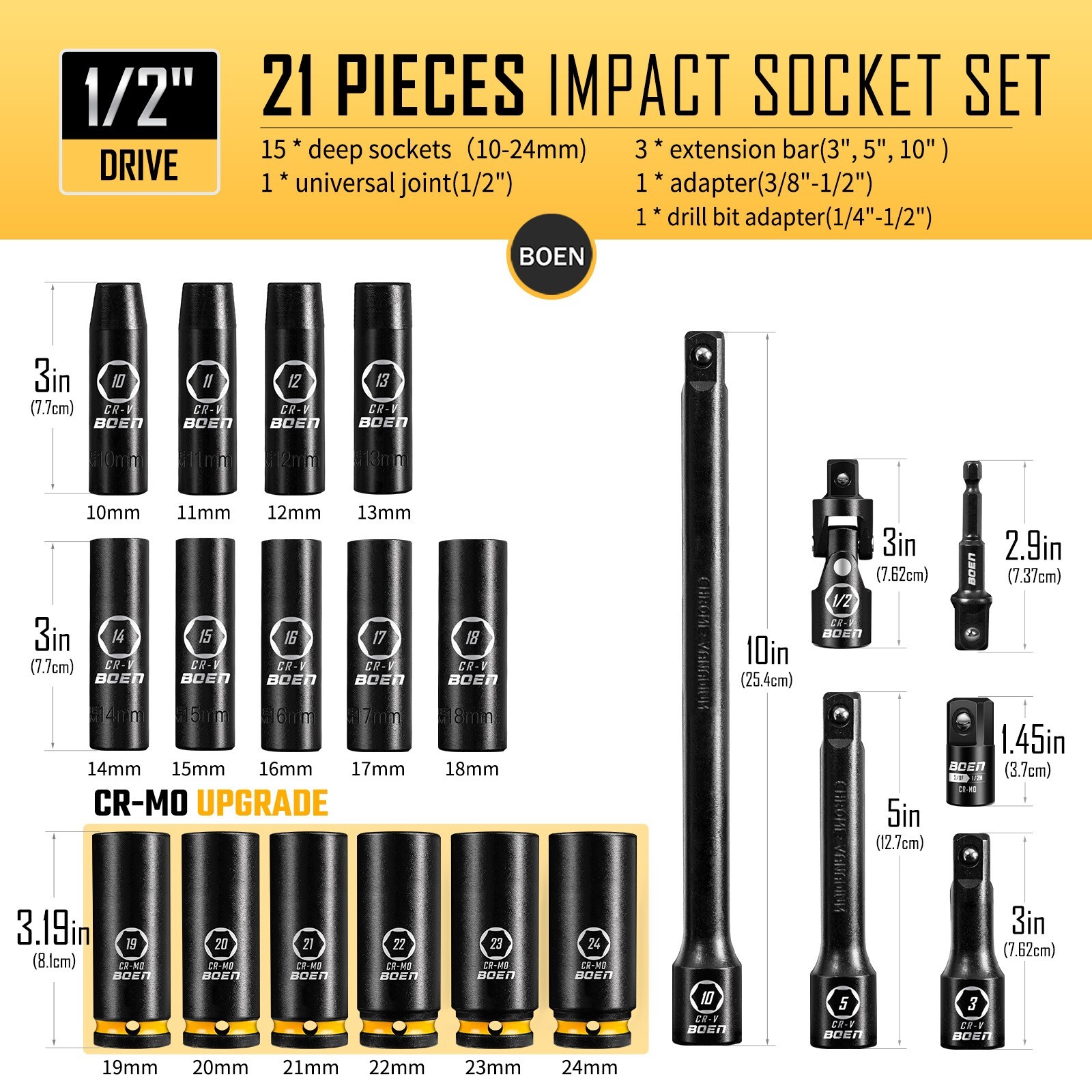 BOEN Pro 1/2″ Drive Metric Deep Impact Socket Set, 21-Piece CR-MO &CR-V Steel