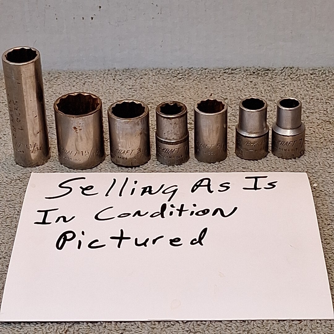 Vintage Powr-Kraft 1/2″ Drive Sockets Lot Of 7. (6 – 12pt & 1 8pt) SEE DESCRIPTI