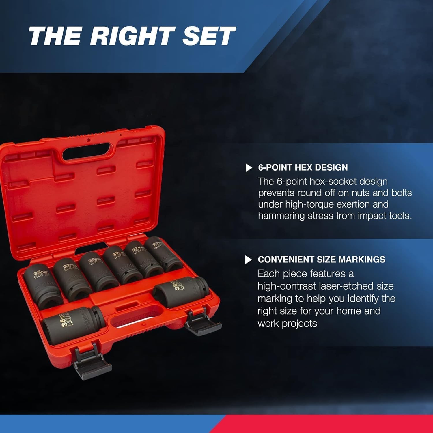 Neiko 02460A 3/4″ Drive Deep Impact Socket Set, 8Pc Jumbo Metric 26-38 mm Chrome
