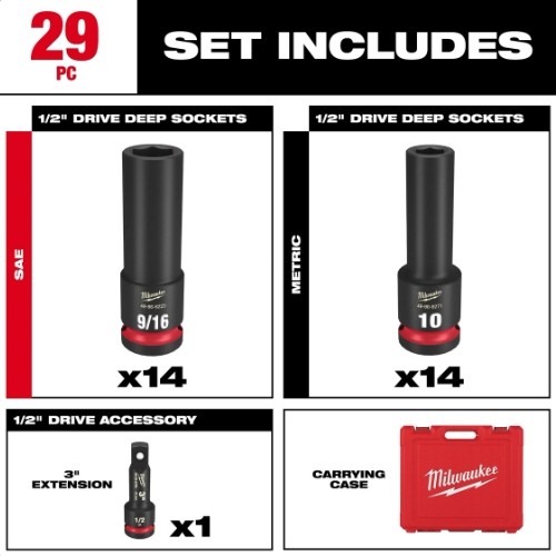 Milwaukee 49-66-7016 SHOCKWAVE Impact Socket Set, 29 Pieces, 6 Point