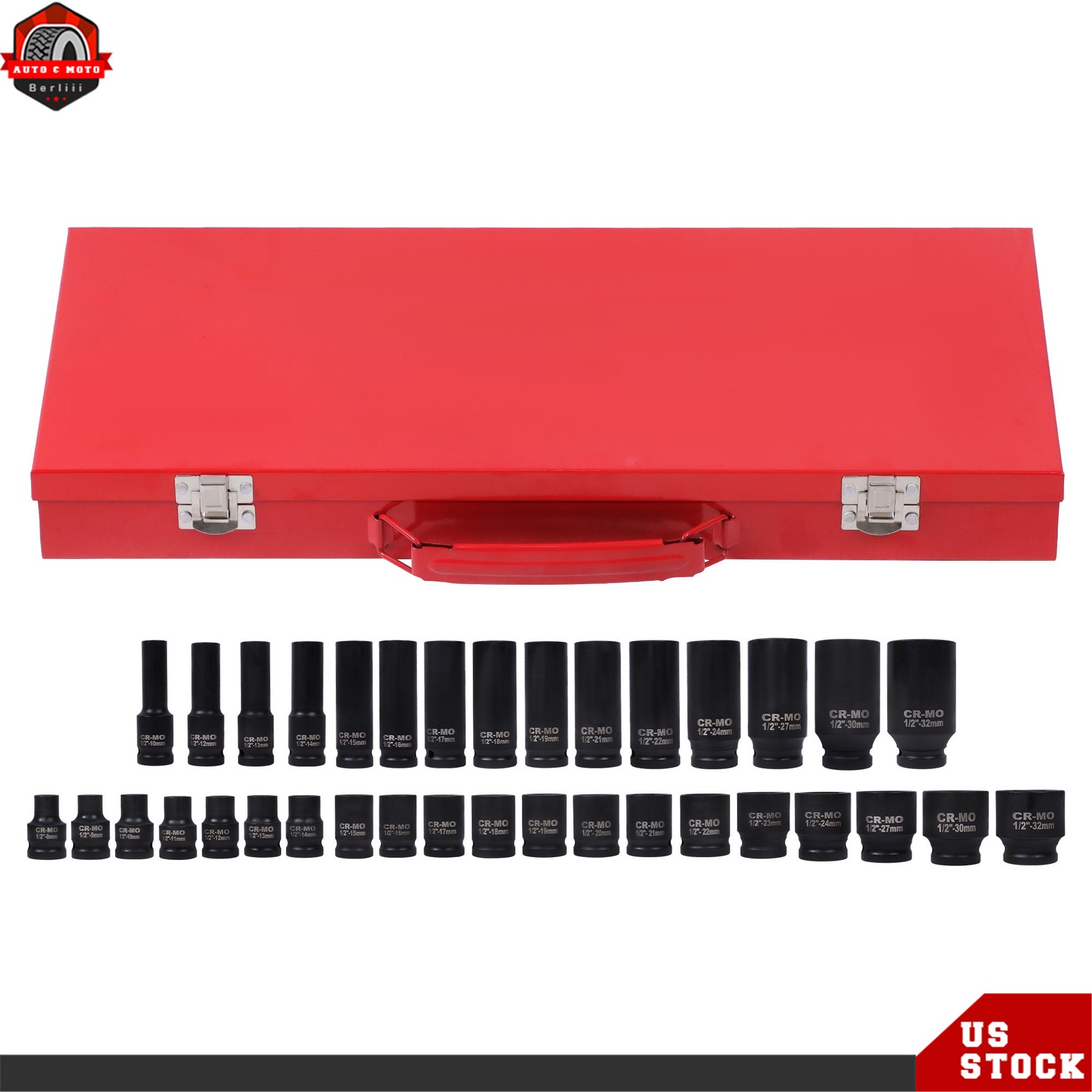 35pcs 1/2″ Inch Deep Impact Socket Set Drive 8-32mm Metric Garage With Case