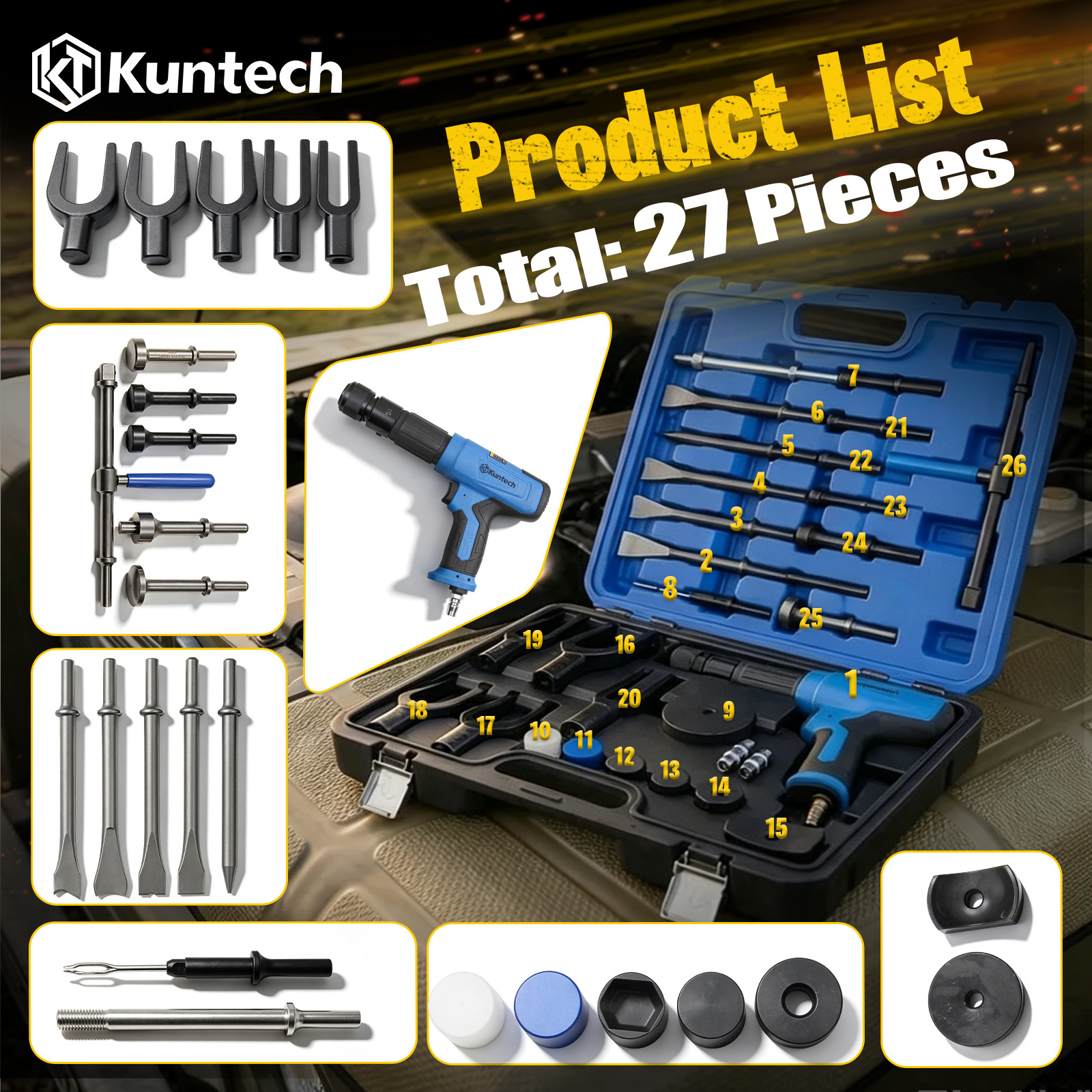 27PCS Air Hammer Kit Multi-functional Pneumatic Hammers Piece Chisel Set 2500BPM
