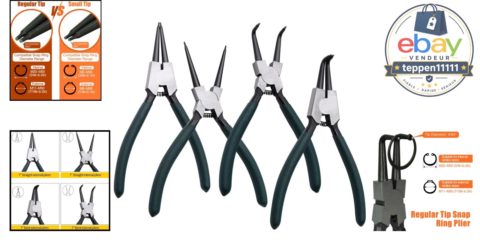 Snap Ring Pliers Set 4pcs 7″ Internal External Circlip Pliers