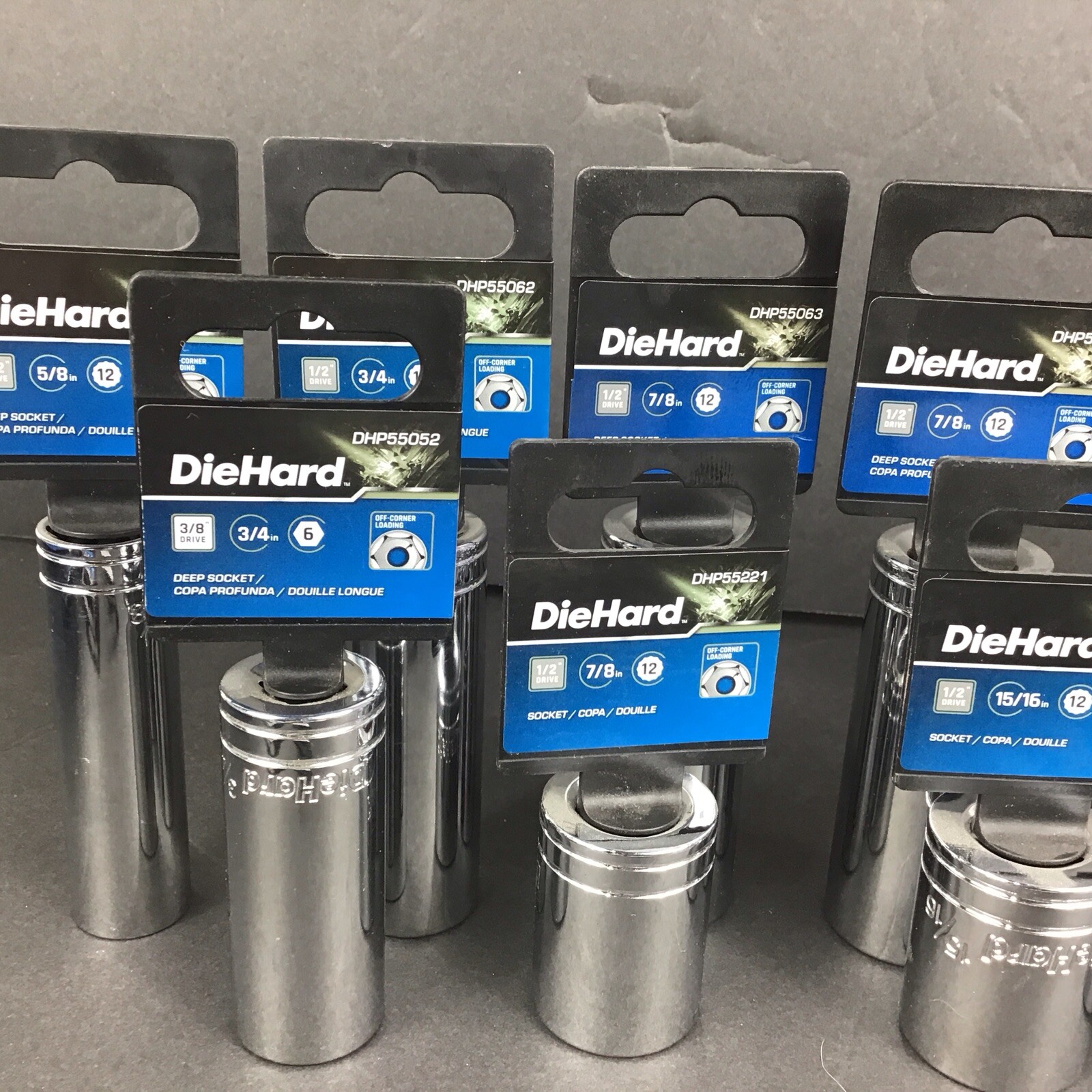 9 DieHard 1/2″ Drive 12-Point Sockets 5/8 3/4 X2 7/8 X3 15/16 1 In And 1 3/16