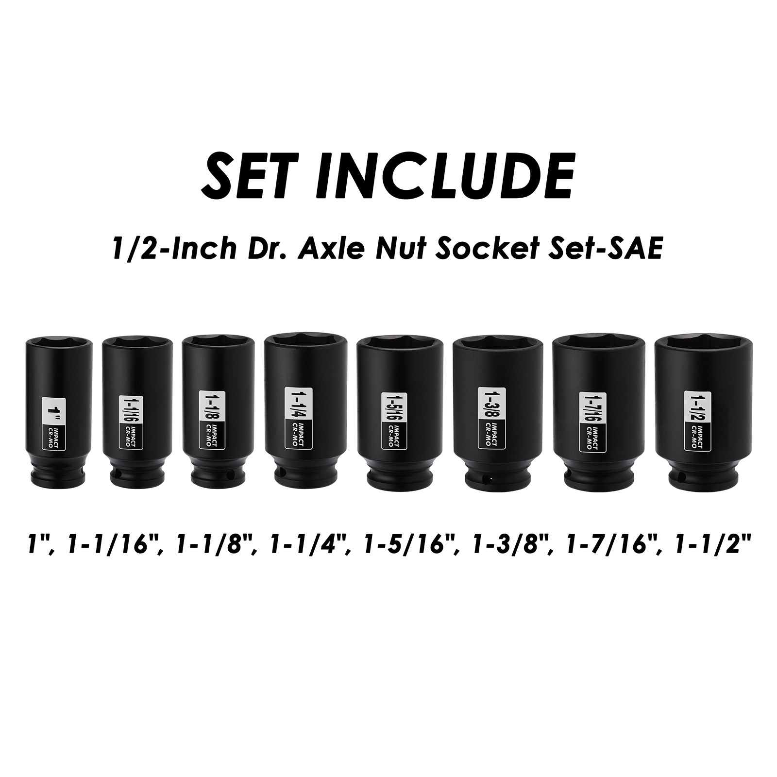 8PCS 1/2″ Impact Socket Set 6Point CR-MO 1″ to 1-1/2″Drive Deep Spindle Axle Nut