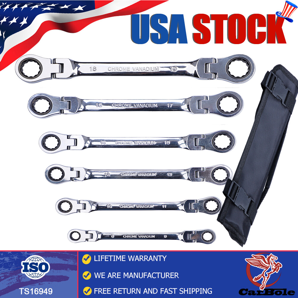 6X Heavy Duty Double Box End Ratcheting Wrench Flex-Head Extra Long Spanner Set