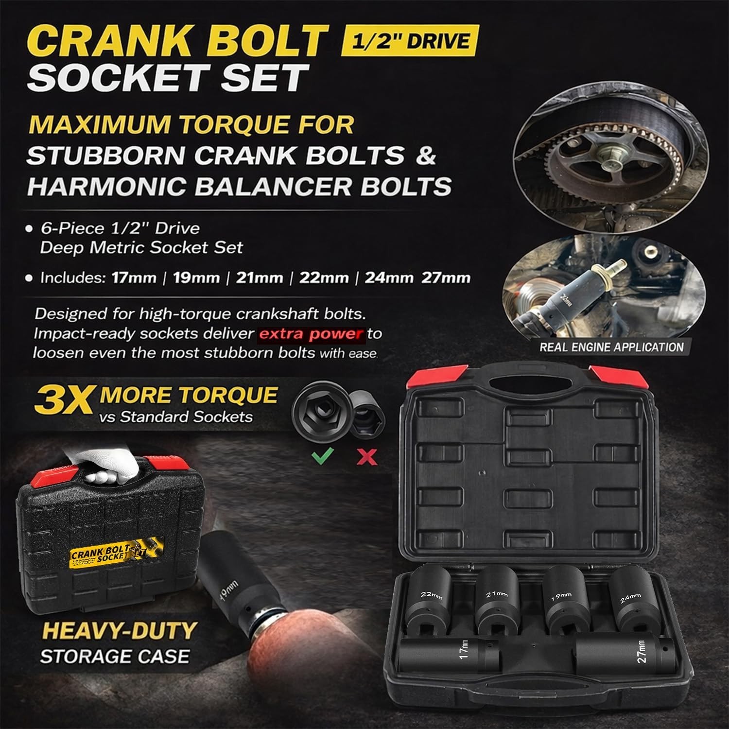 NEW Weighted Crank Bolt Socket Set 1/2″ Drive Metric Impact Socket Kit 17–27mm
