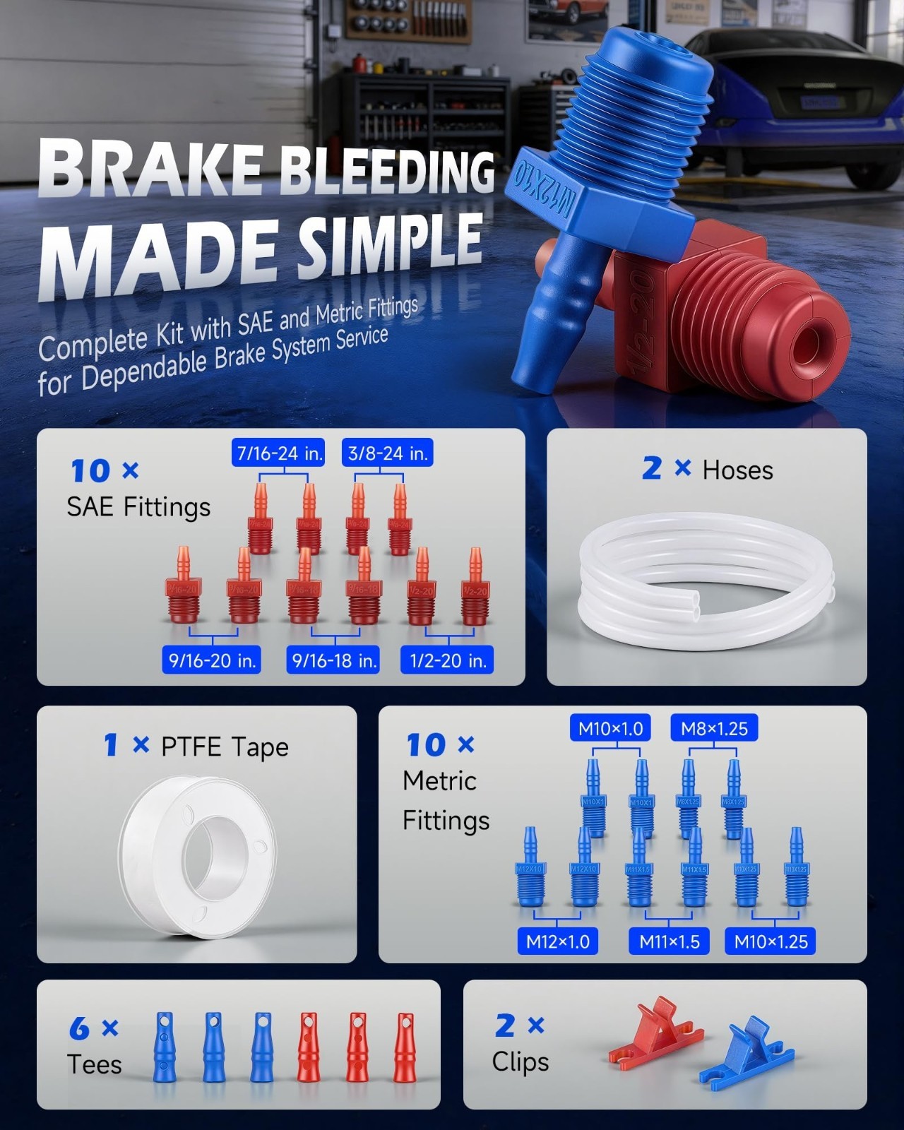 Universal Complete Brake Bleeder Tool Kit, Master Cylinder Fluid Flush Hose Tape