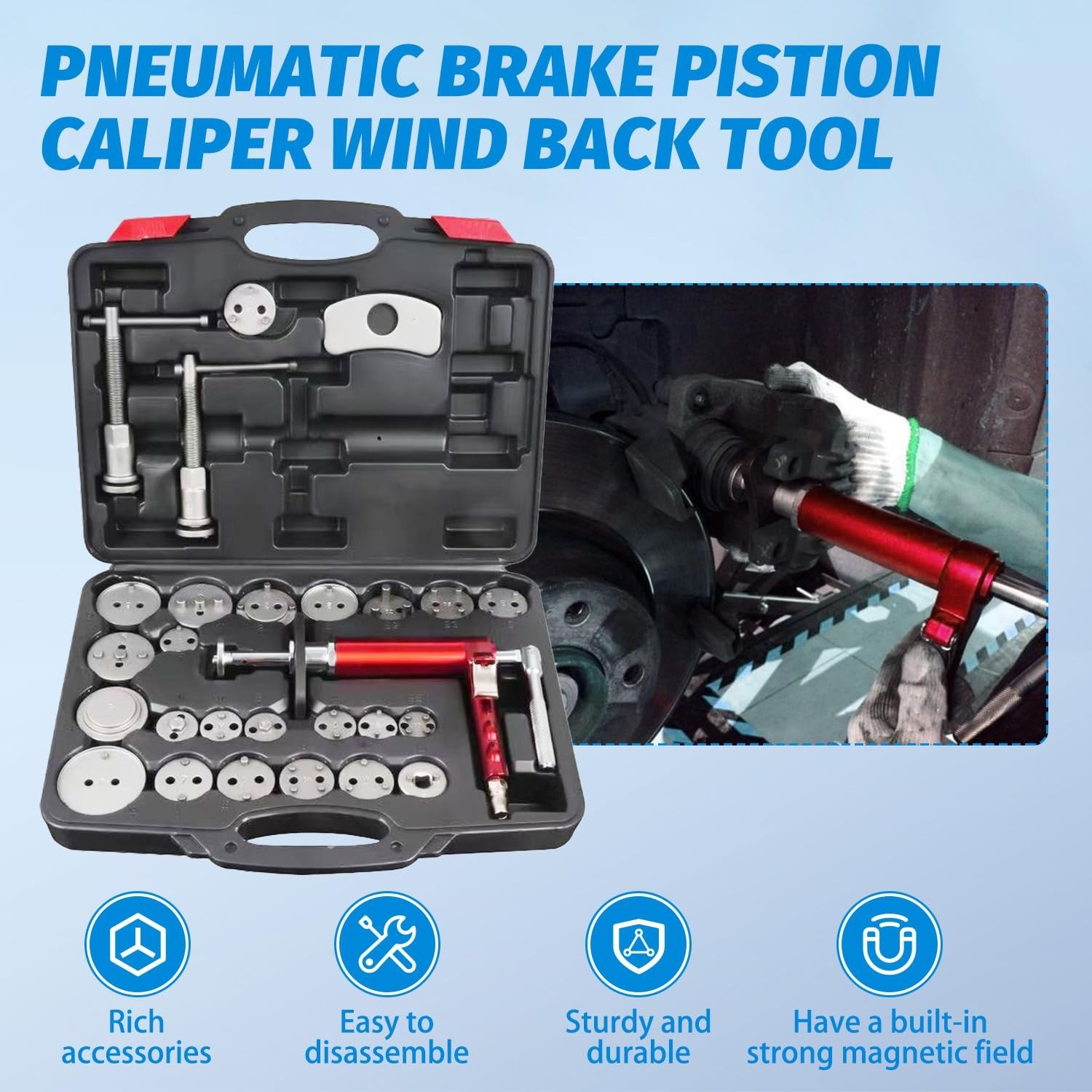 Heavy Duty Pneumatic Brake Caliper Compression Tool Set – 28-Piece Kit with 23 A