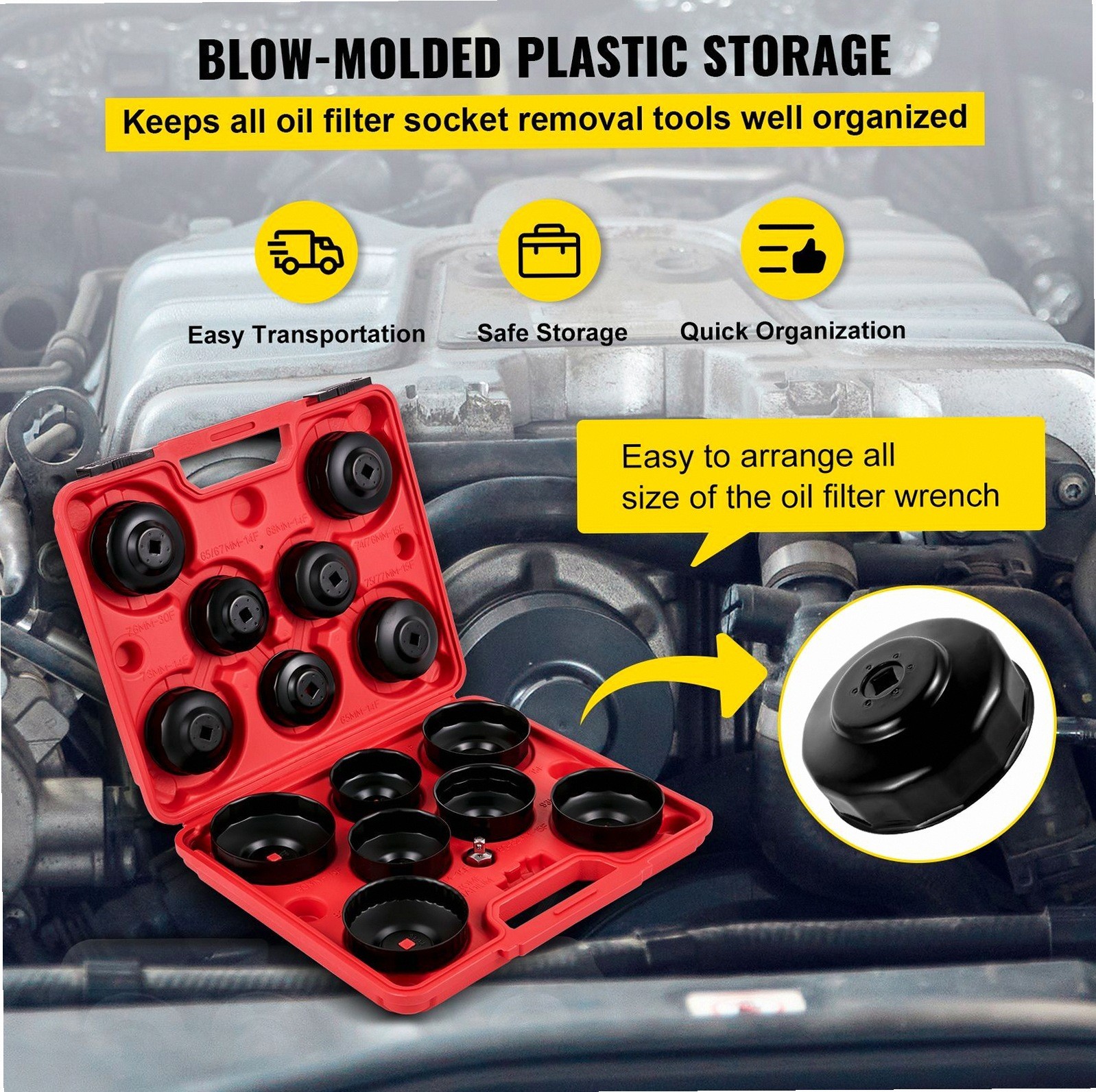 Oil Filter Socket Set Steel 14-Piece Low-Profile with Adapter
