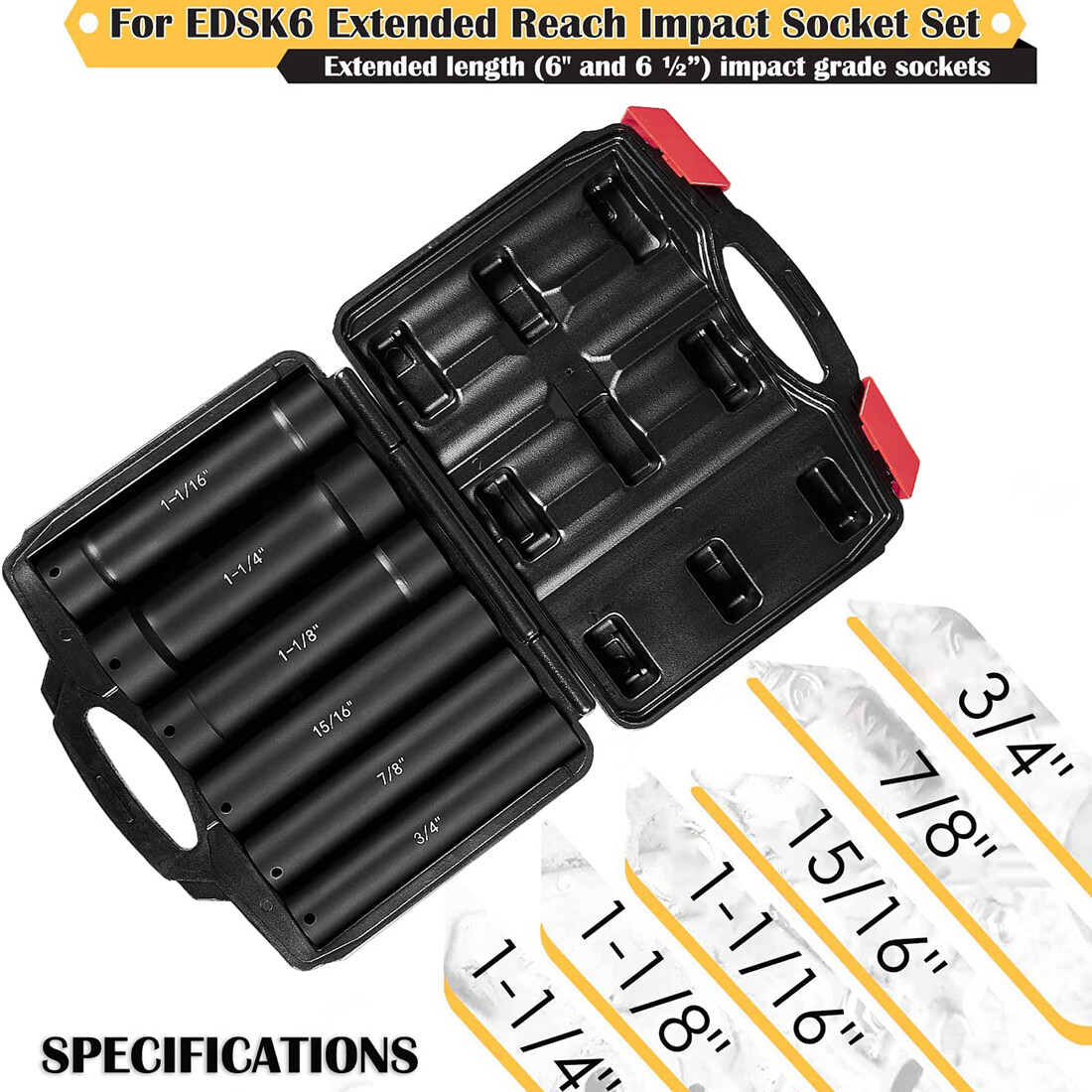 1/2» Drive Heavy Duty Extended Length Extra-Deep Length Impact Socket Set 6PCS