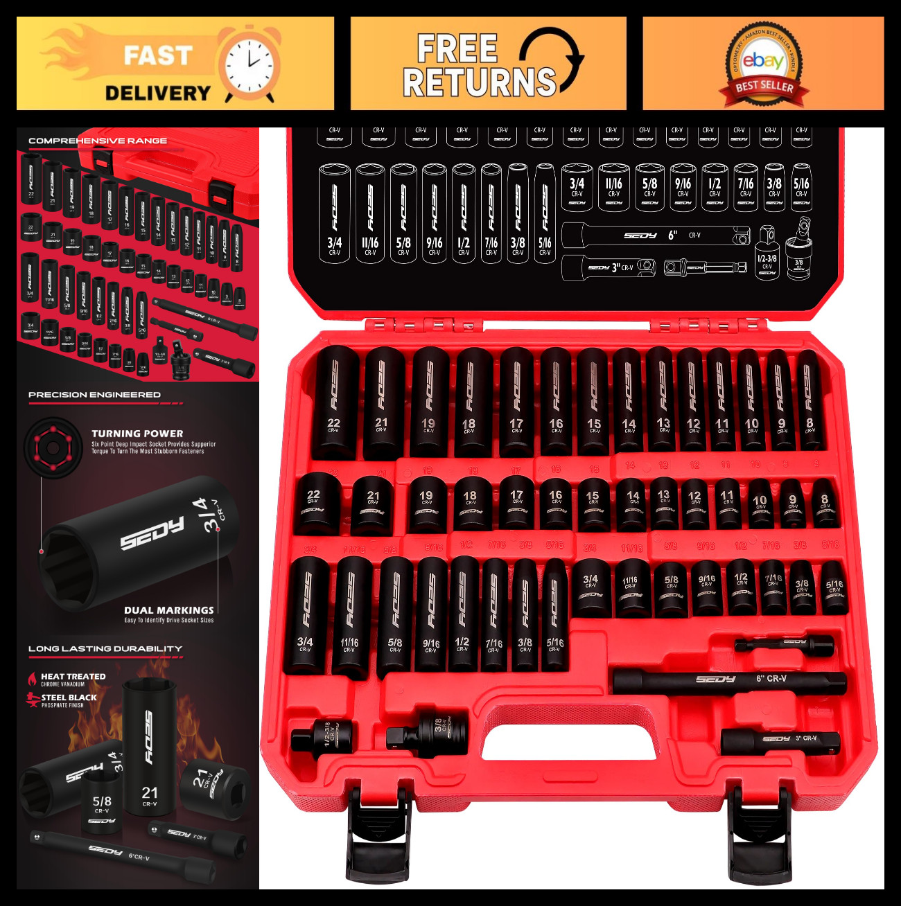 49-Piece 3/8″ Drive Impact Socket Set – SAE & Metric, Extension Bars, CR-V, Dura