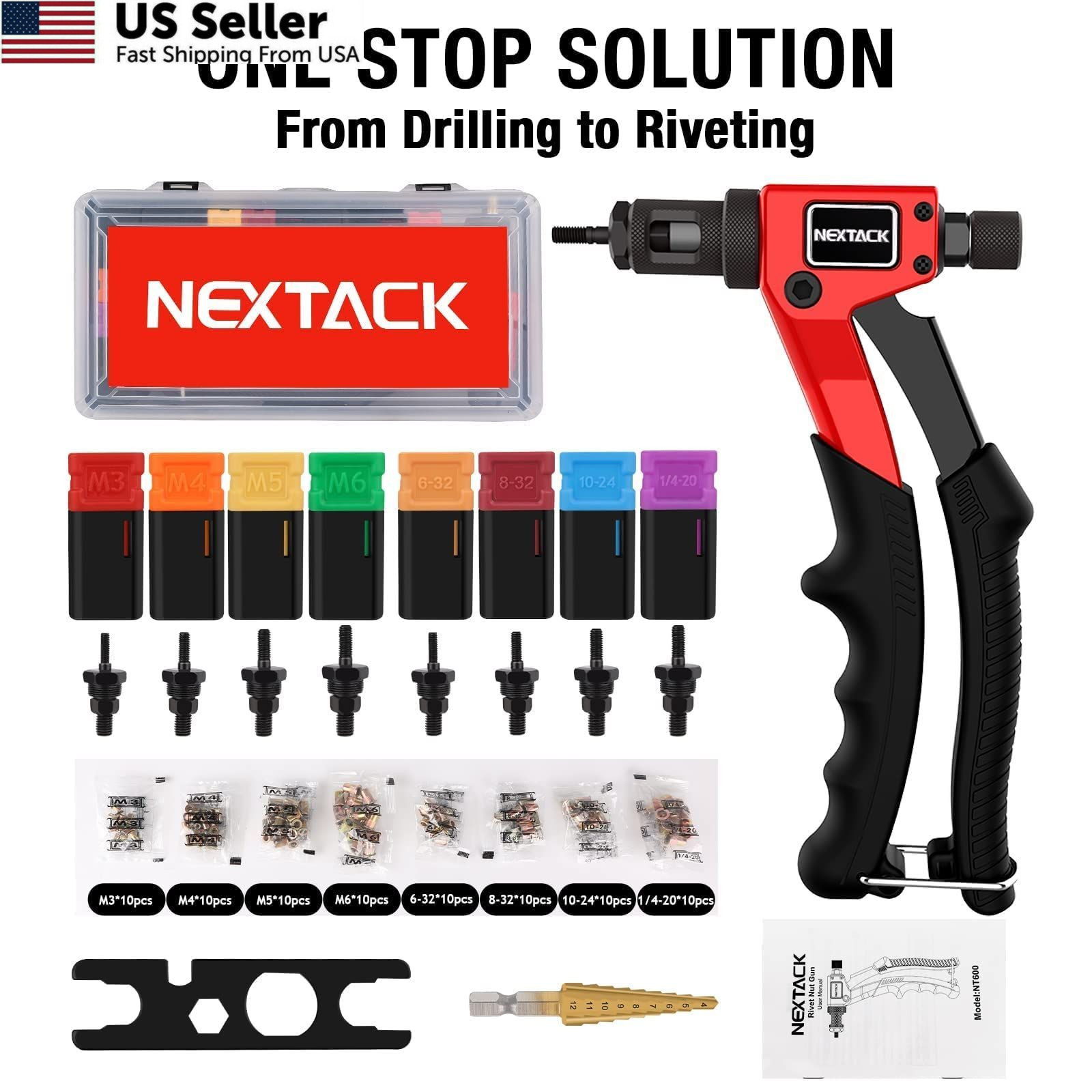 NEXTACK Rivet Nut 8-inch Single-handed Rivnut Tool Kit/80 Nutserts, Red,Black