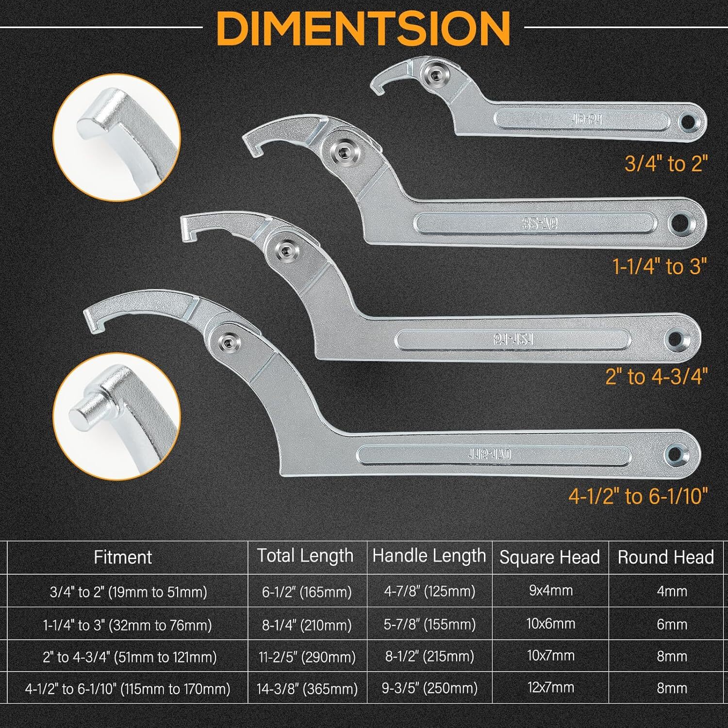 Adjustable Hook & Pin Spanner Wrench Tool Set Locking Nut Wrench 3/4″ to 6-1/10″