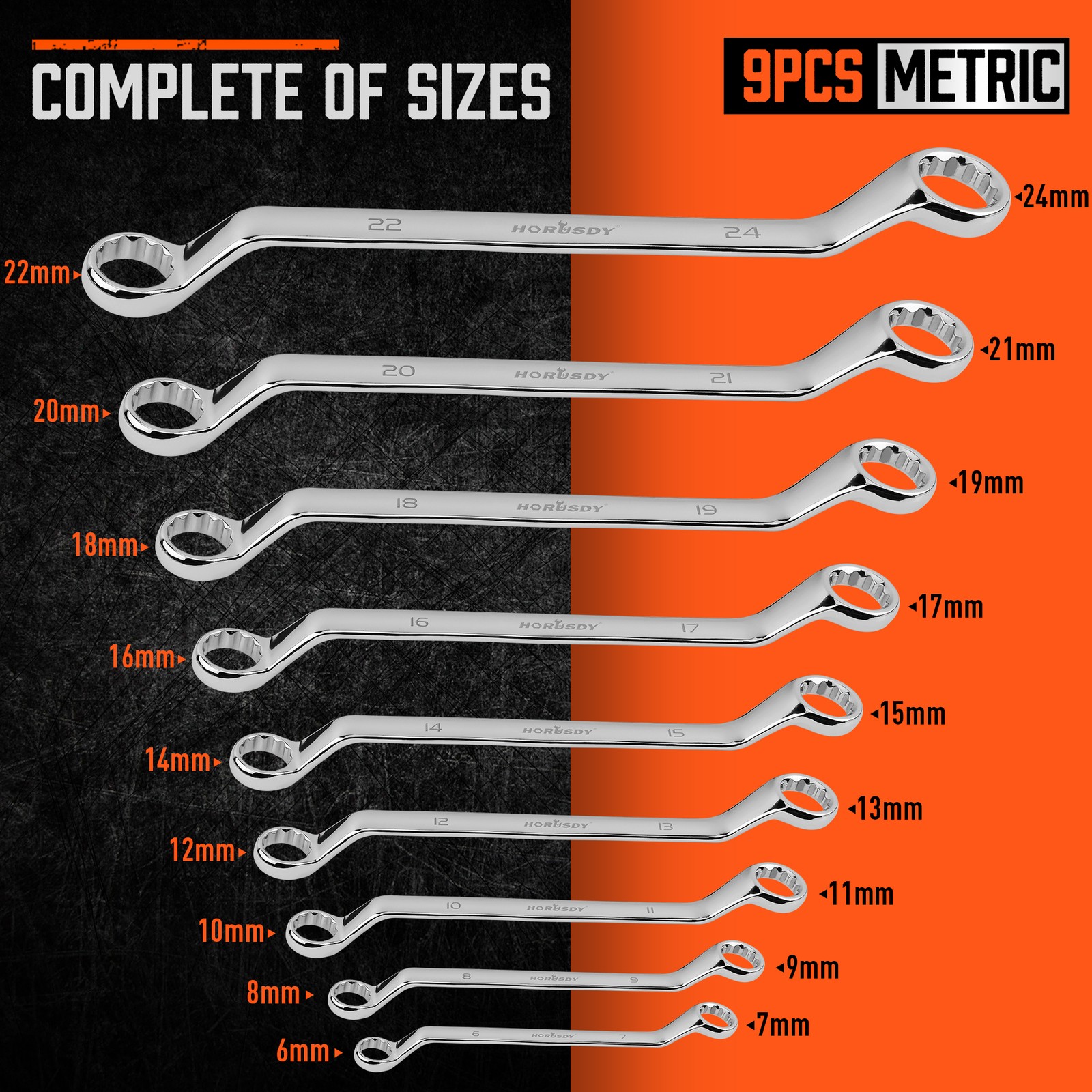 9Pcs Metric Offset Box Wrench Set with Rolling Pouch 50-Degree Metric 6-24mm