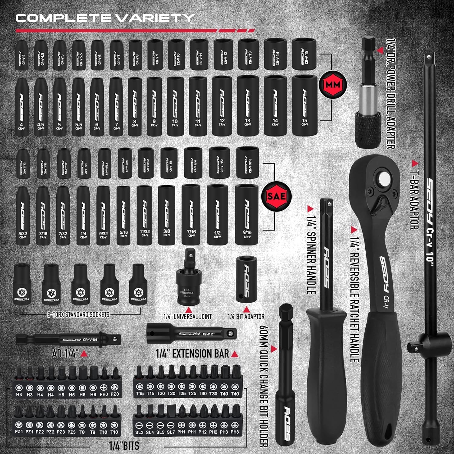 105PC 1/4″ Impact Socket Set w/ Ratchet Wrench Adapters Bits Extension Bar