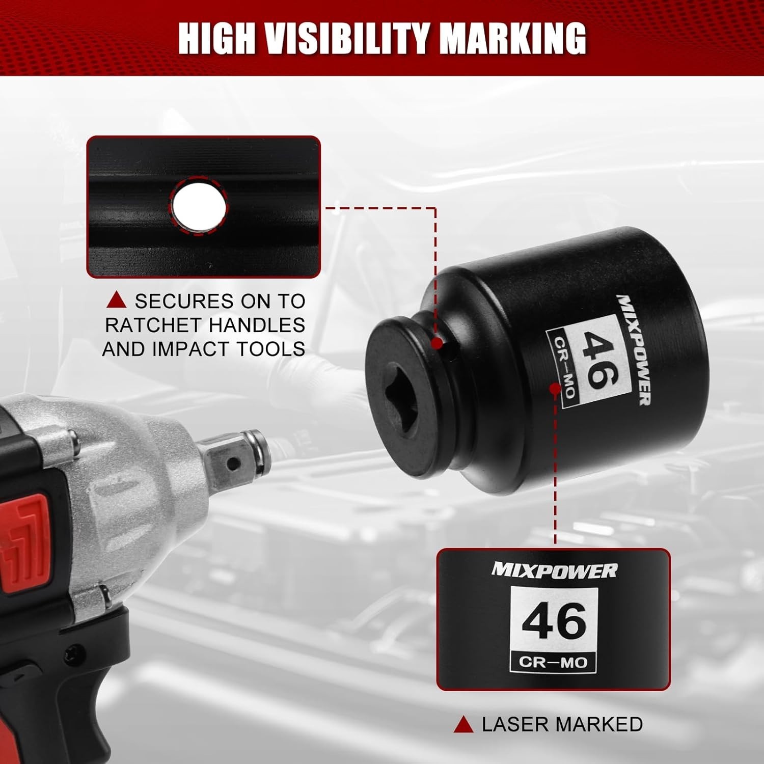 6 Point Deep Impact Socket, 46mm Size, High-Torque Chrome Moly Steel Design