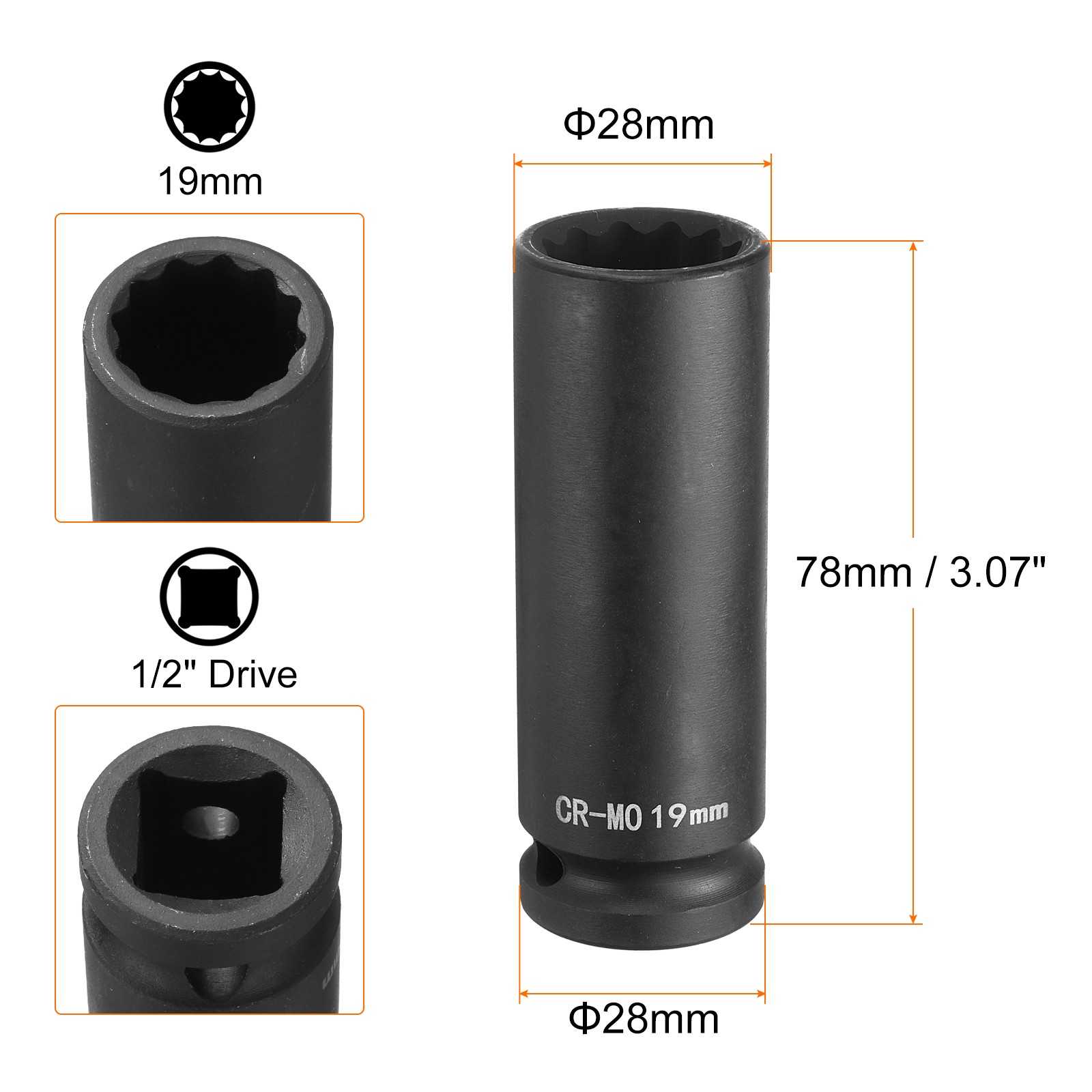 12 Point Deep Impact Socket 1/2″ Drive 19mm Chrome Molybdenum Steel