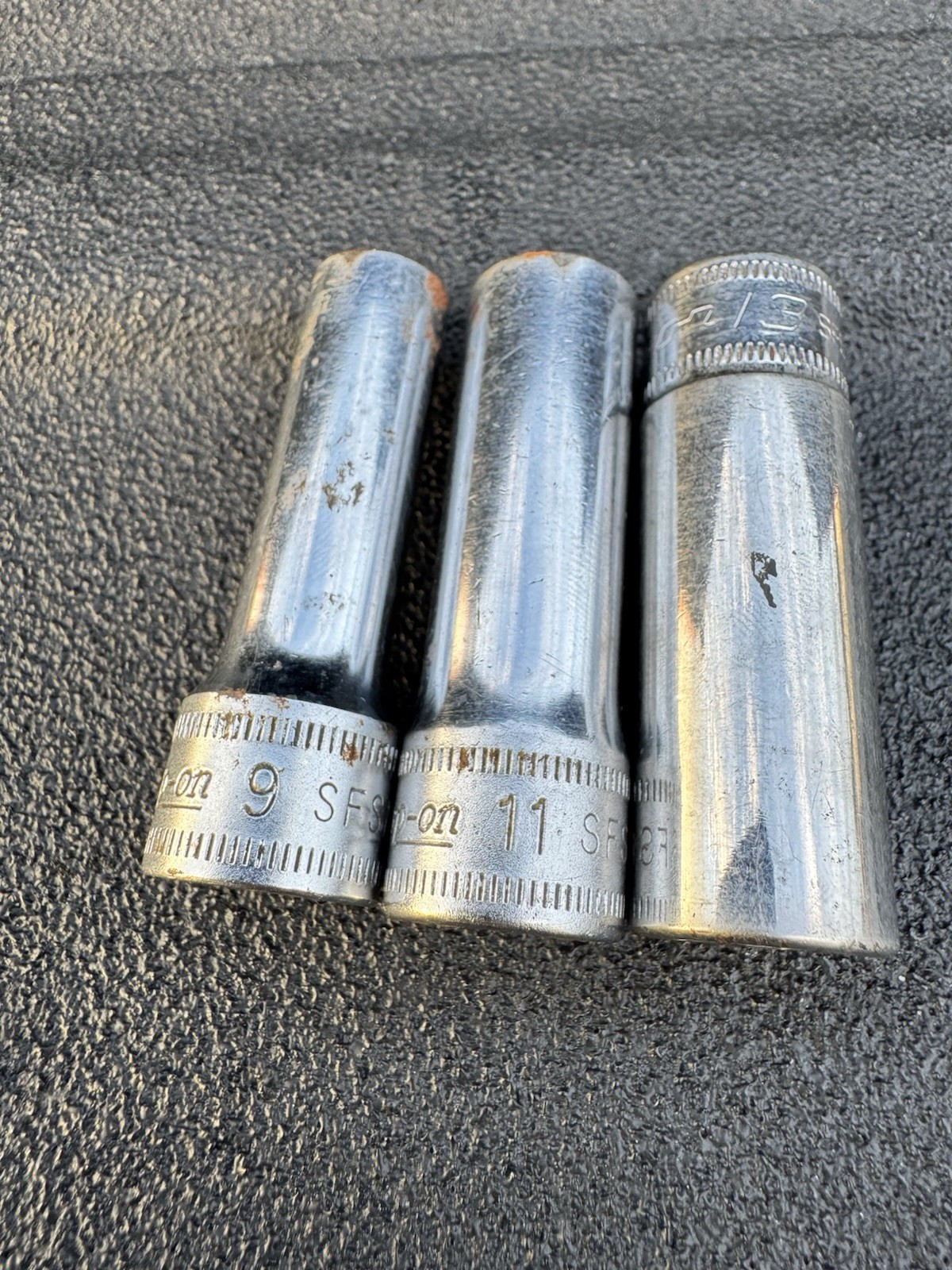 Lot Of 3 Snap-on Tools USA Vintage 3/8″ Drive Metric 6 Point Sockets 9mm 11mm 13