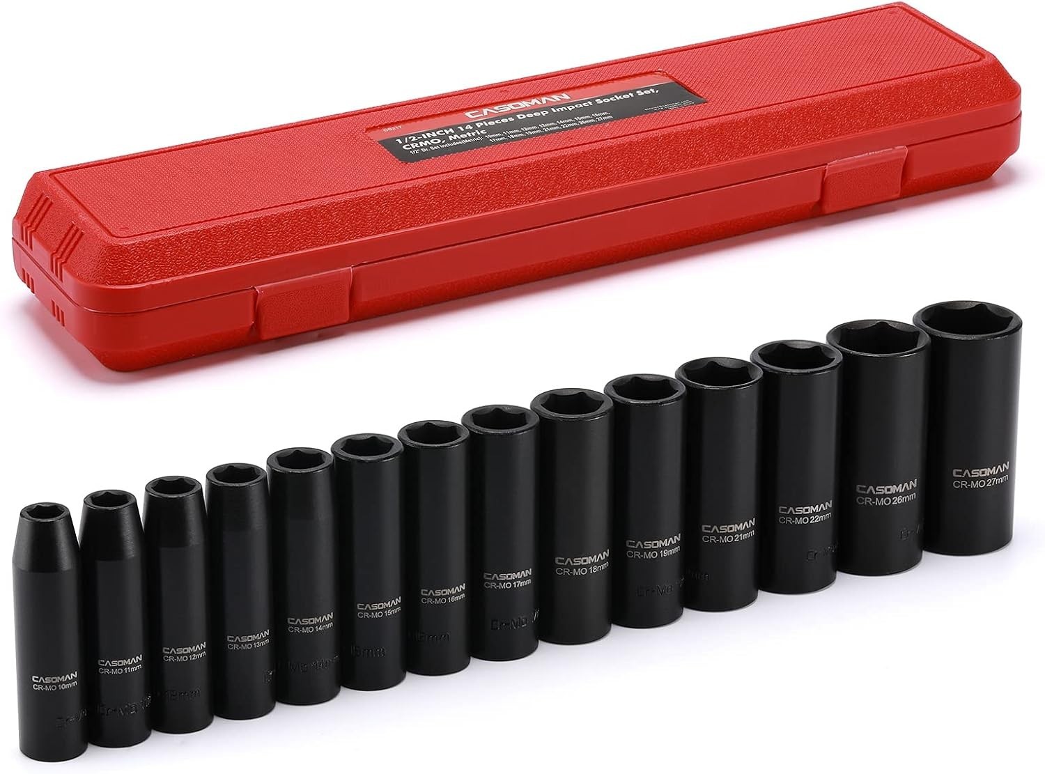Comprehensive 14-Piece Chrome Molybdenum Deep Impact Socket Set in Storage Case