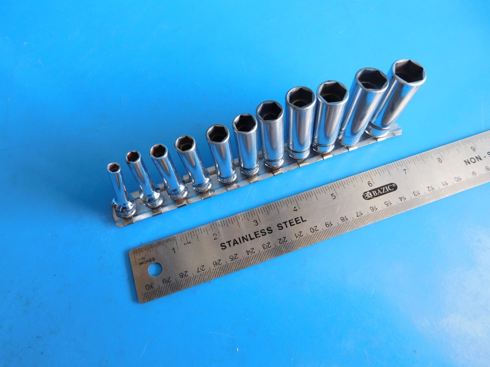 USED, SNAP ON 1/4 IN. DR. DEEP SOCKETS , 11 PC’S. 4MM THRU 14MM