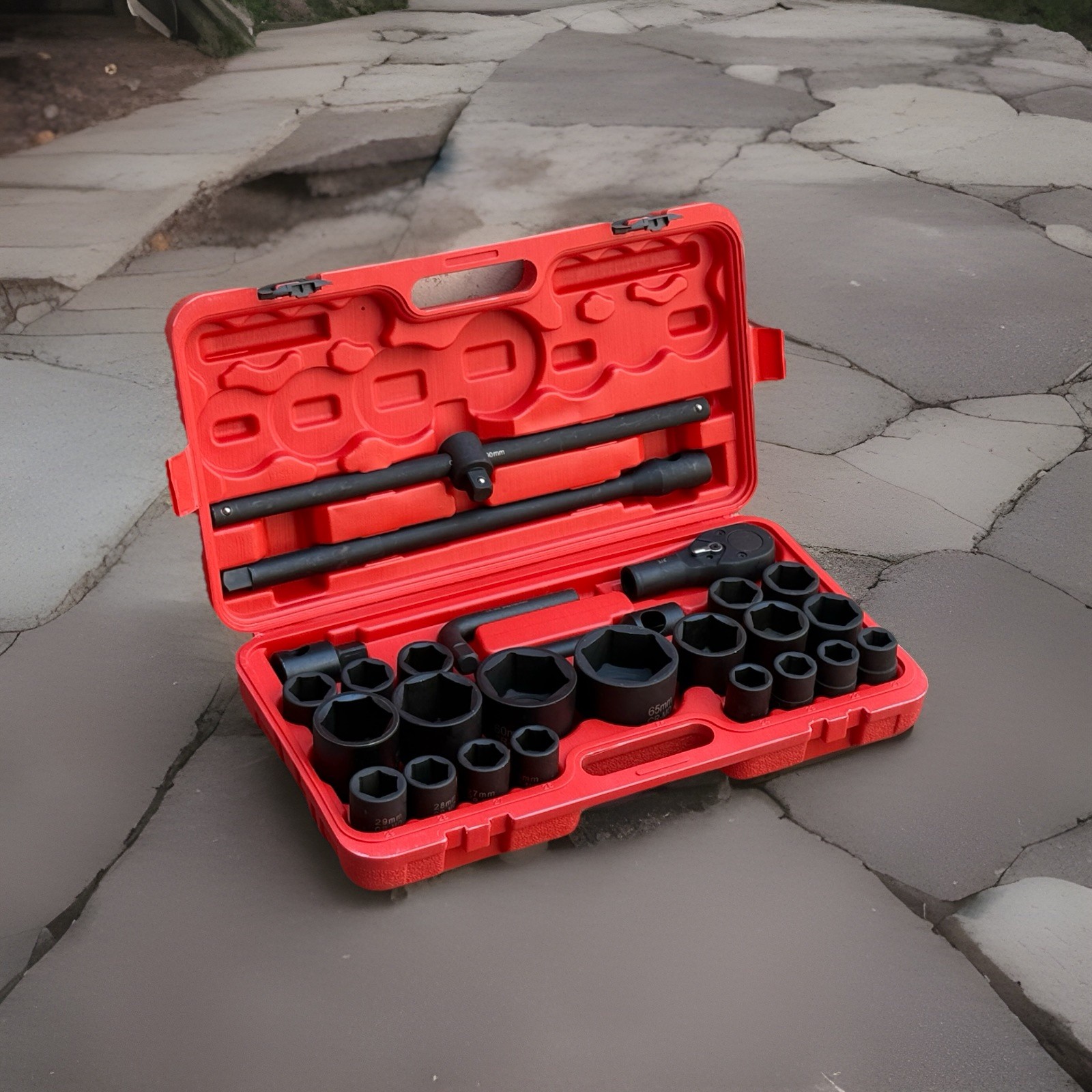 26pcs 3/4″ & 1” Dr. Metric 21mm ~65mm Cr-MO Sockets Ratchet Wrenches Tool Set
