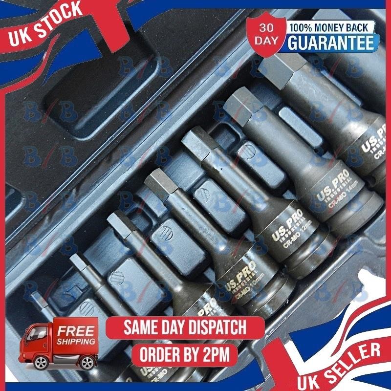 US PRO 8PC IMPACT HEX BIT SOCKET SET 1/2″ INCH DRIVE LONG ALLEN KEYS H5 TO H19