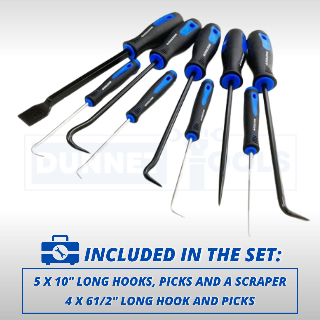 Pick and Hook Set 9pc Gasket Scraper Hose Removal Pry Pullers Garage Tool Set