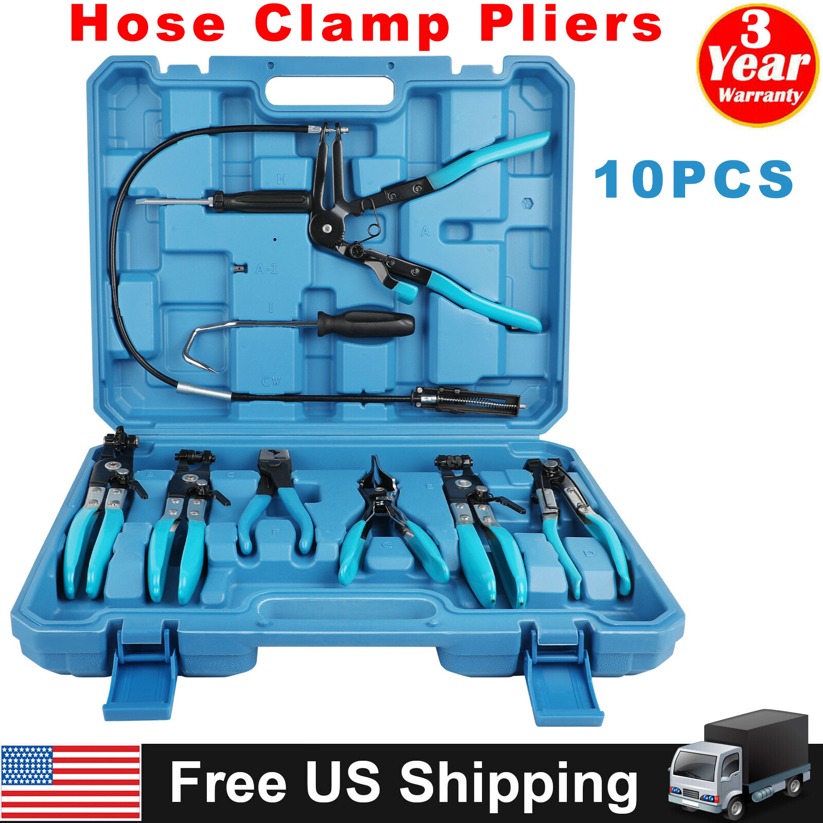 Flexible Automotive Hose Clamp Clip Plier Tool Set Swivel Jaw Flat Angled Band