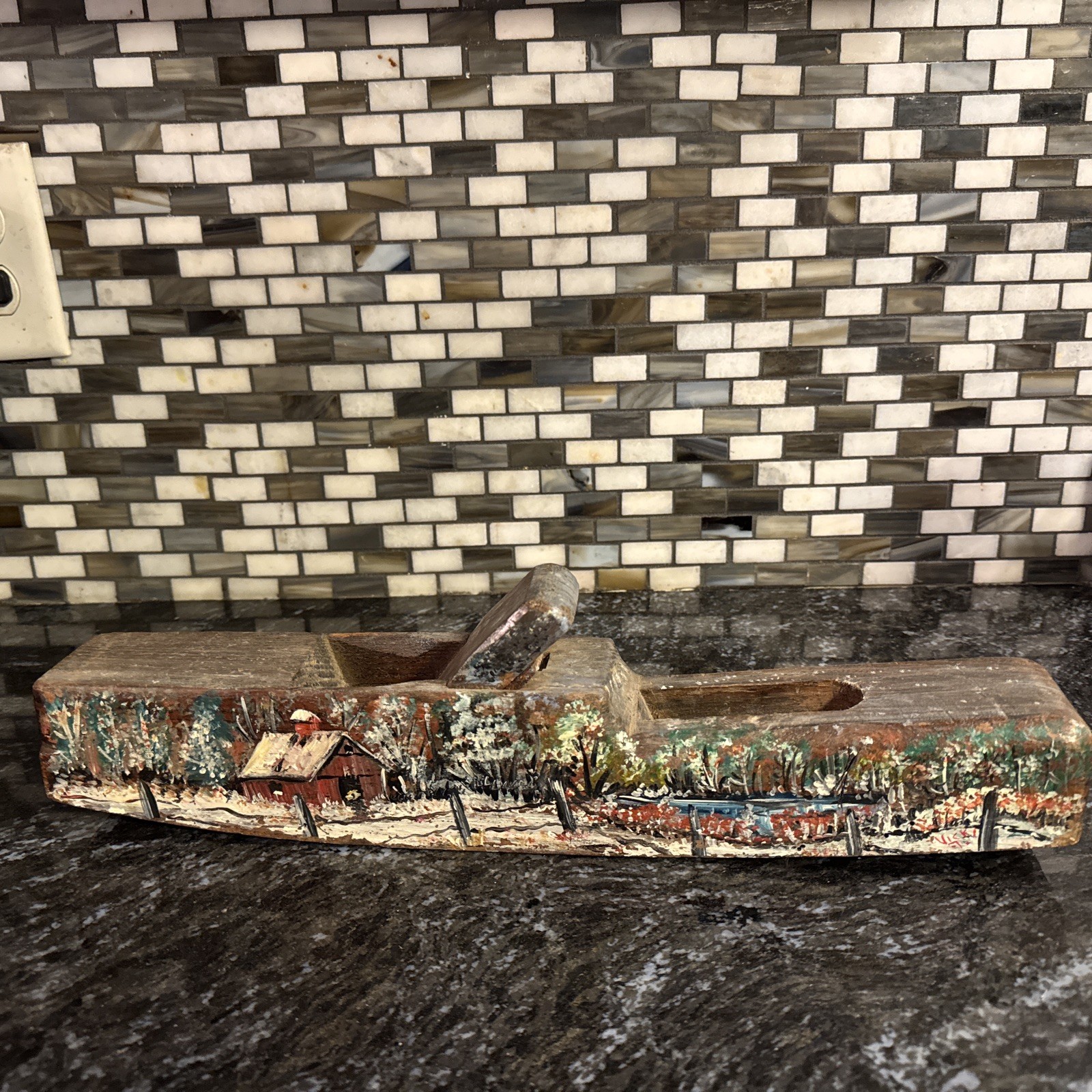 FOLK ART PAINTED 15.75” Vintage Wooden plane Woodworking Tool Antique