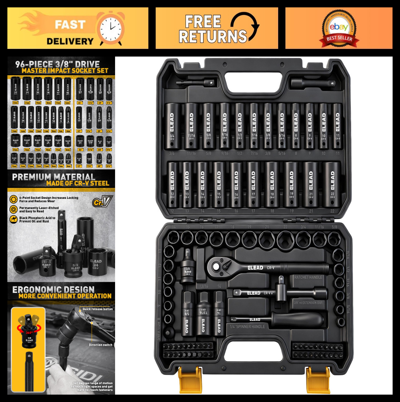 96-Piece Impact Socket Set 3/8″ Drive – SAE & Metric Standard Deep Sockets, Ratc