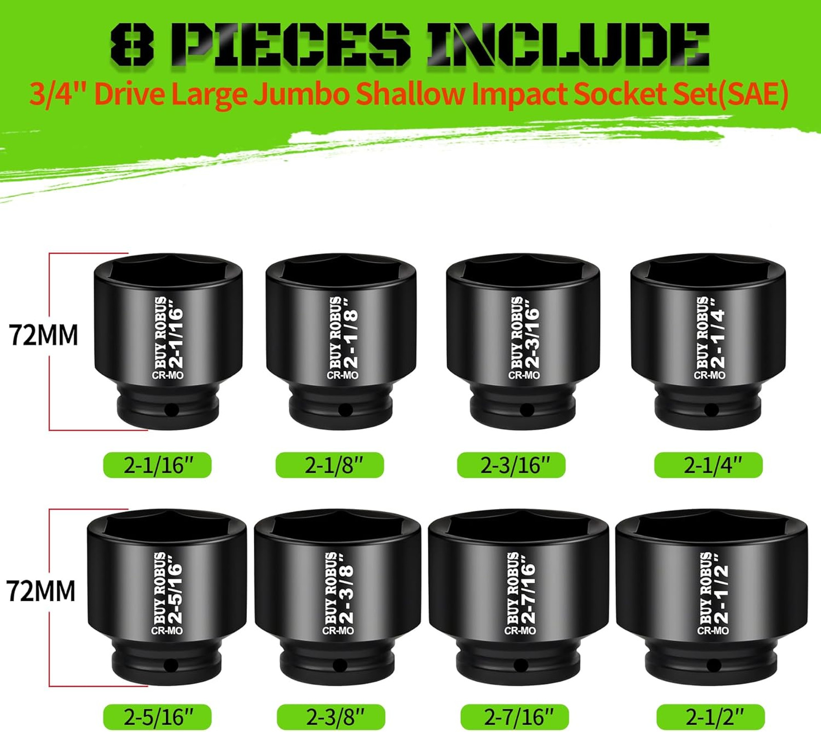 3/4 Drive Impact Socket Set 8 Piece SAE Sizes 2-1/16 to 2-1/2 Heavy Duty Axle