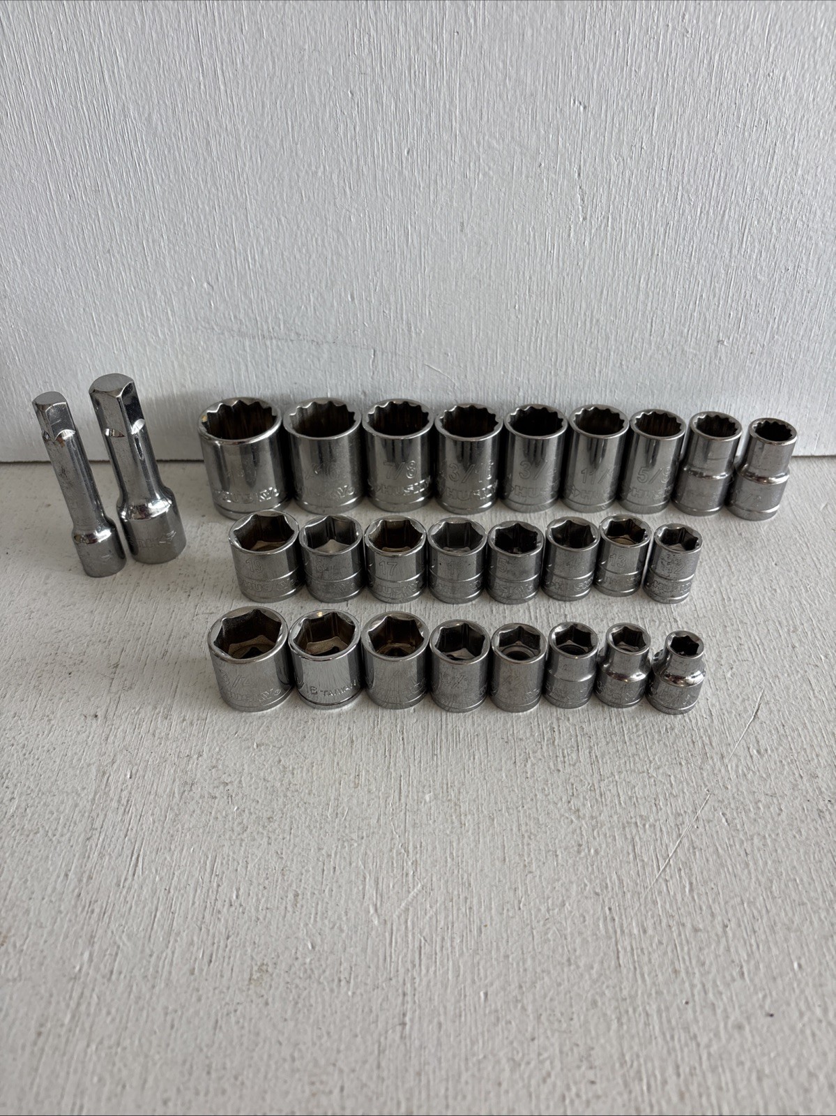 husky socket set 1/2” SAE And 3/8” Metric And SAE-27 Pieces W/ 3” extensions
