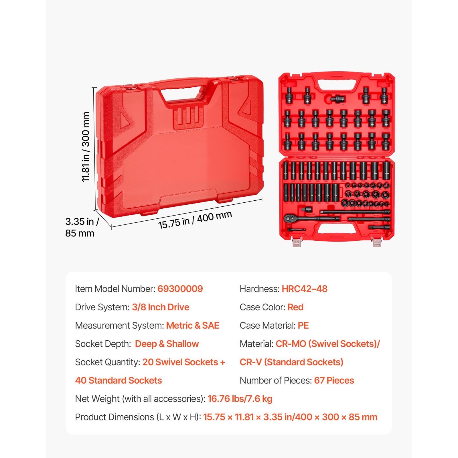 Uimoso 67-Piece 3/8 in Drive Impact Socket Set SAE & Sizes 5/16-3/4 in, 8-19 mm