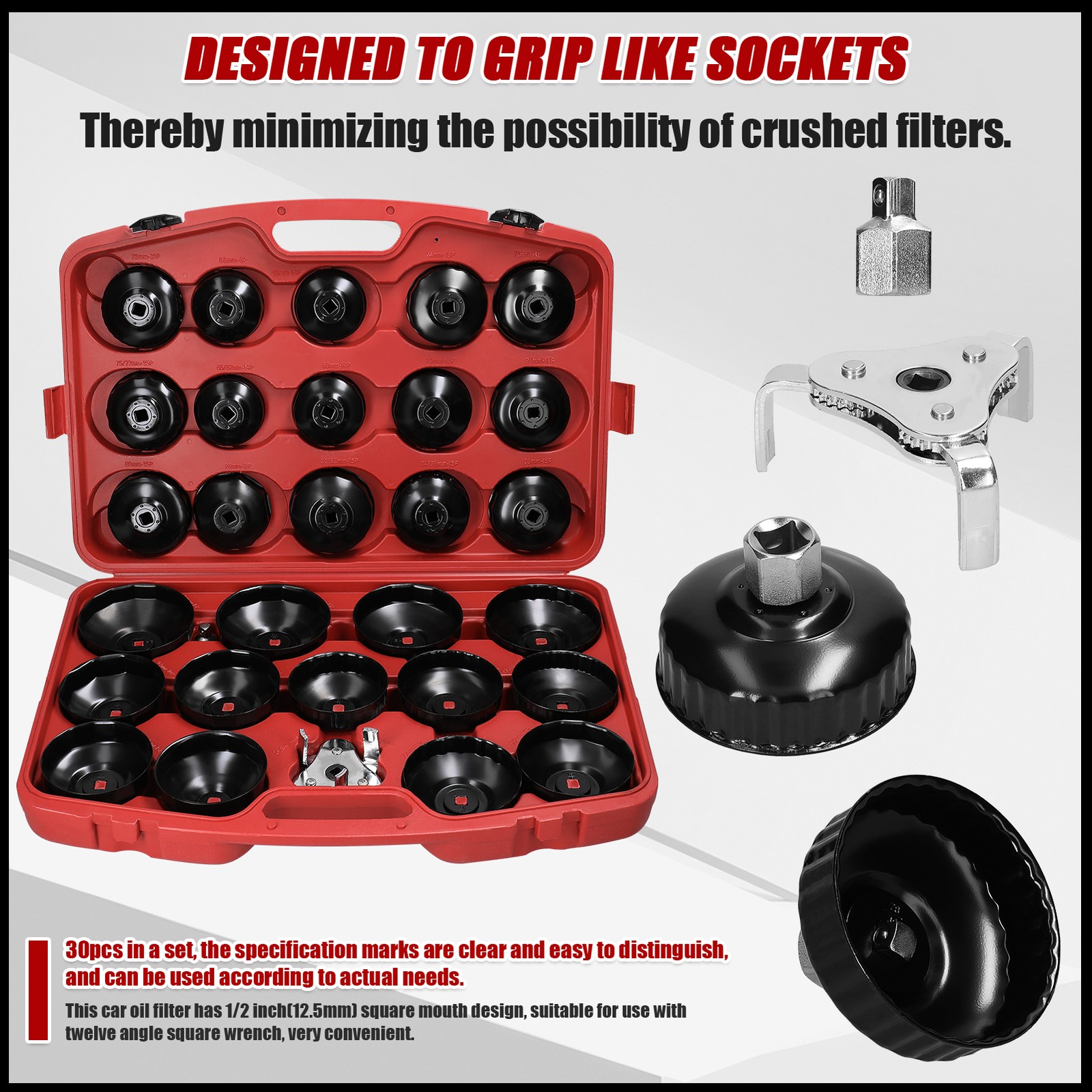 30Pcs Oil Filter Captype Removal Wrench Socket Set 1/2inch 12.5mm Mouth Car NTKC
